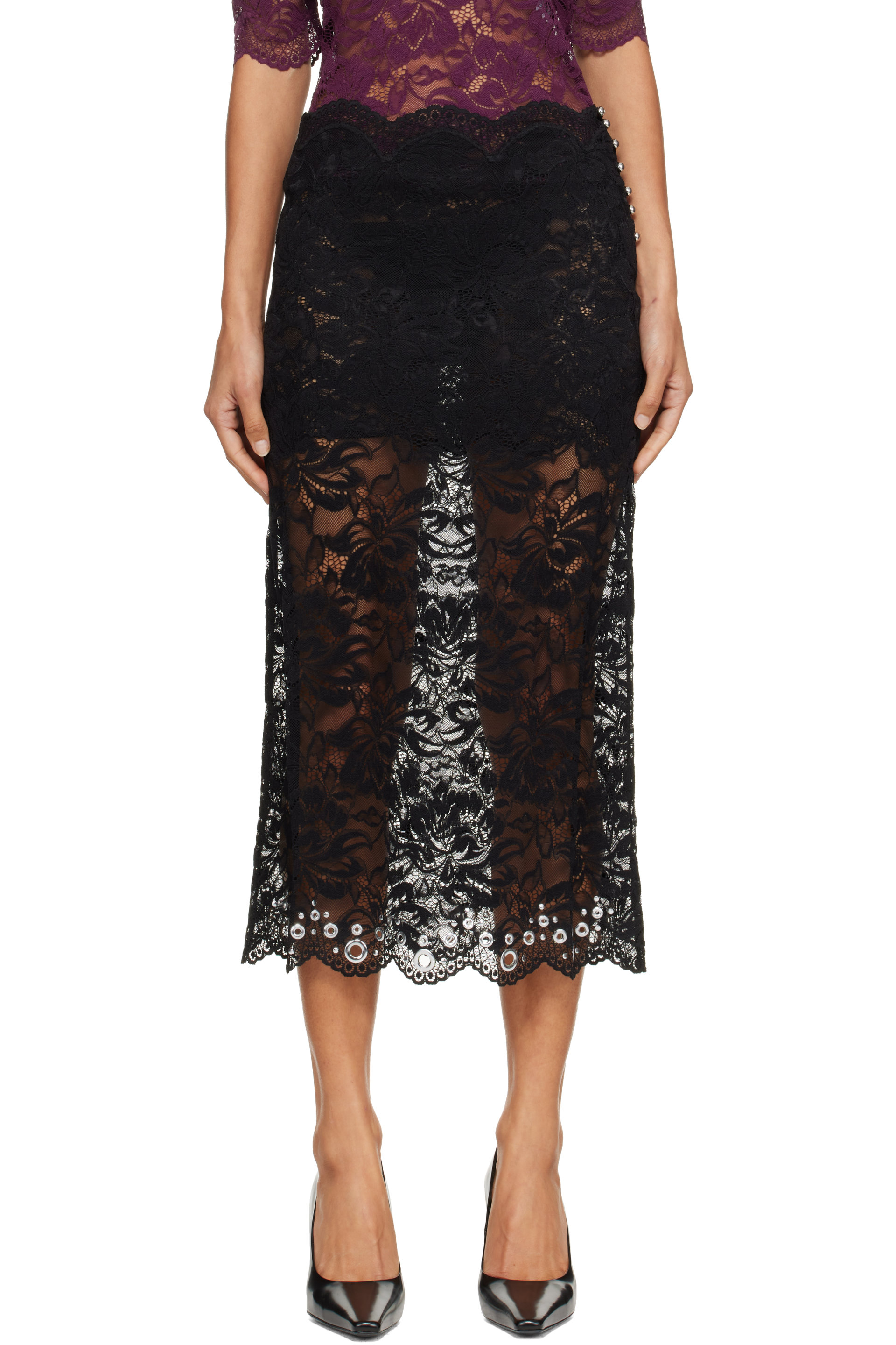 Rabanne - Black Layered Lace Midi Skirt