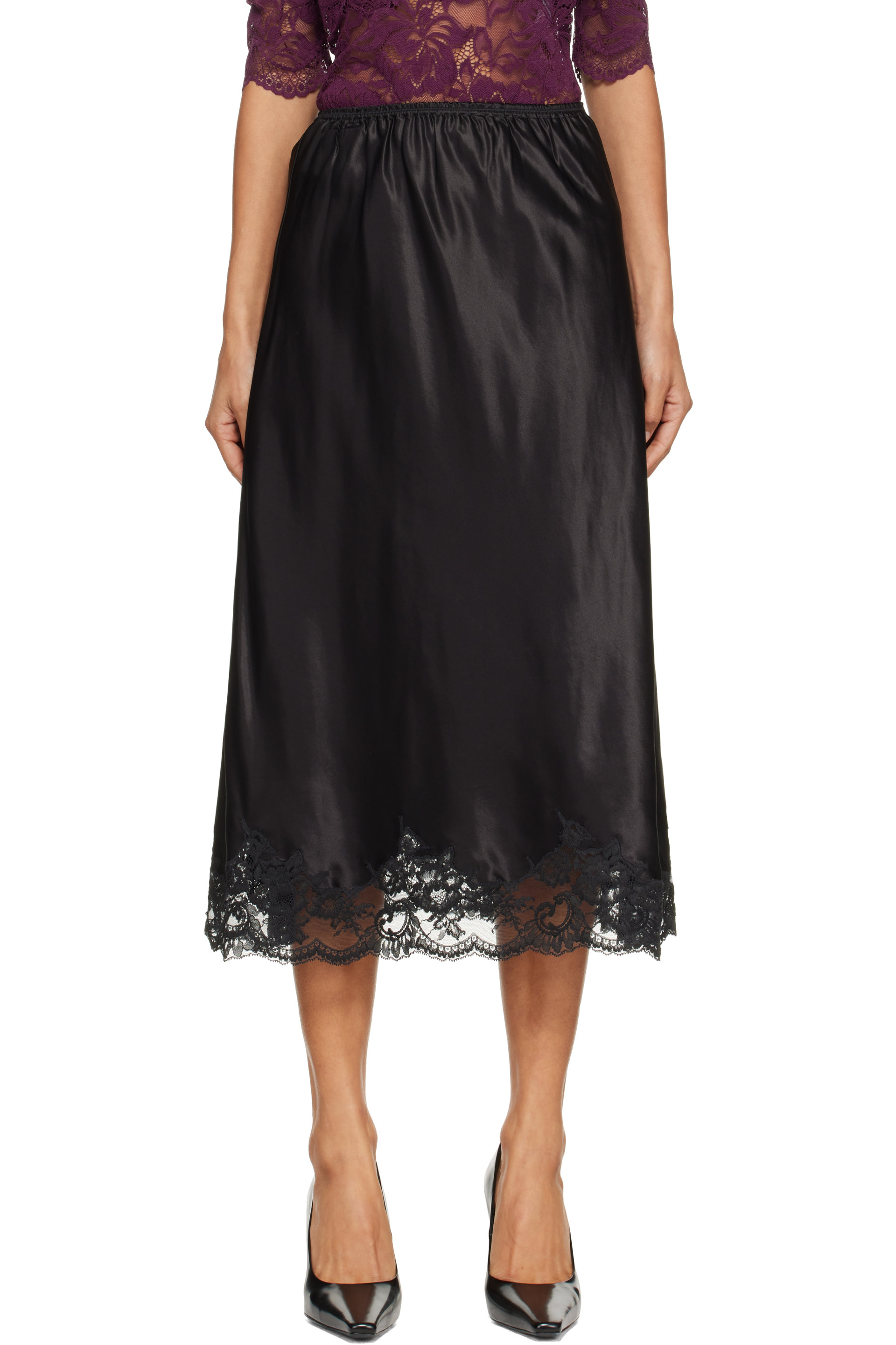 Rabanne - Black Silk Lace Midi Skirt