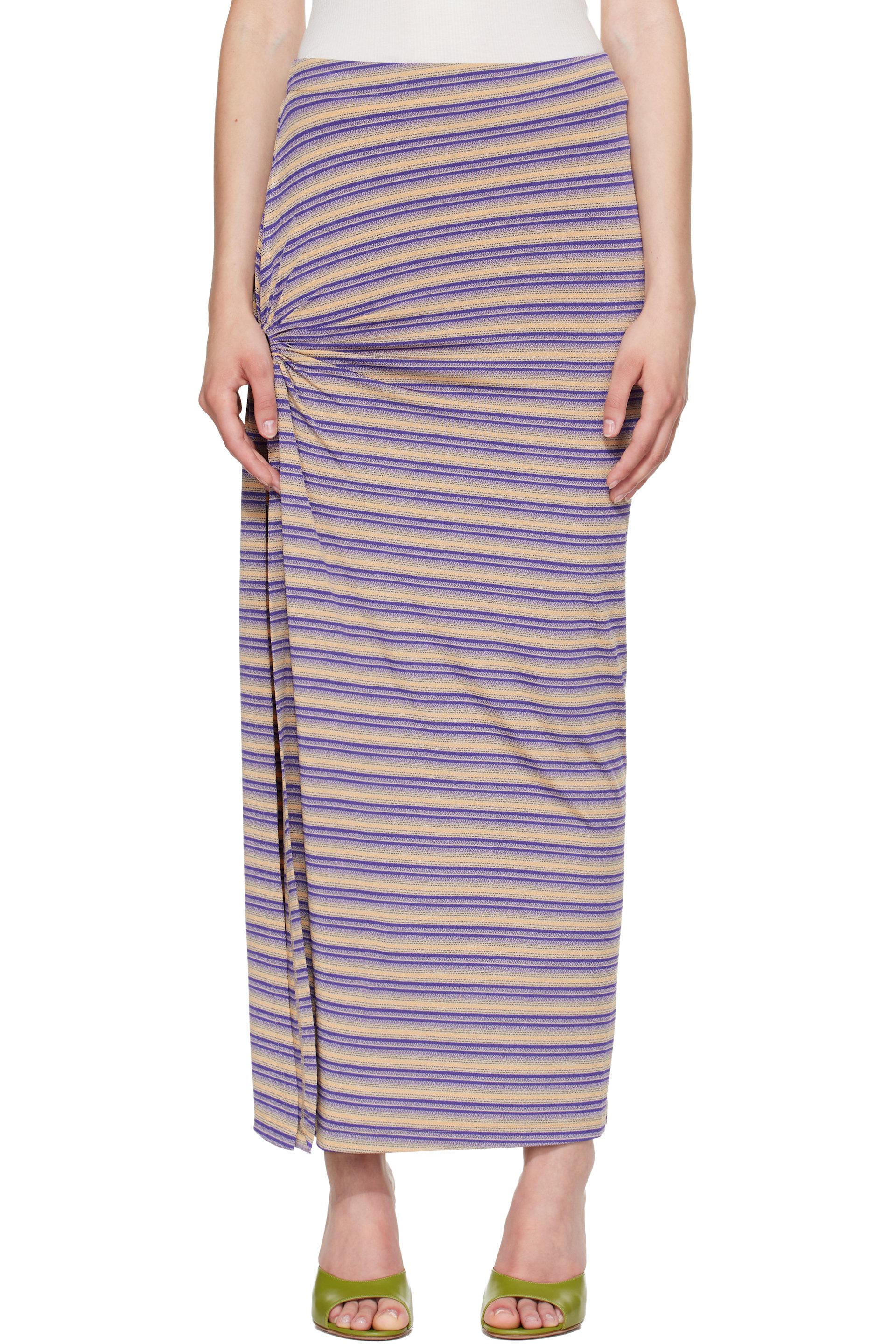 Rabanne - Jupe longue mauve en jersey de viscose à rayures et à anneau circulaire
