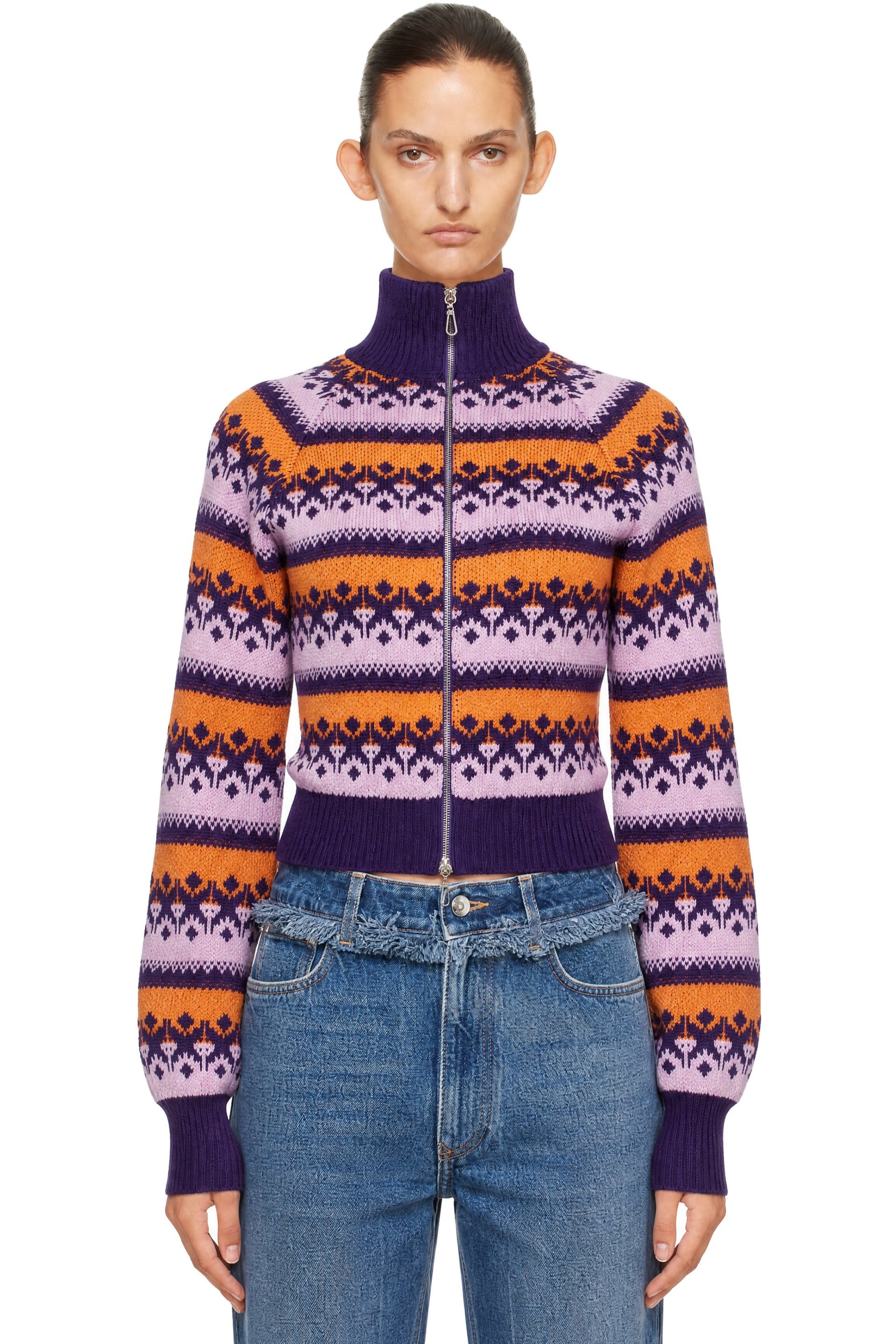 Rabanne - Pull rétro mauve et orange en laine à motifs en jacquard