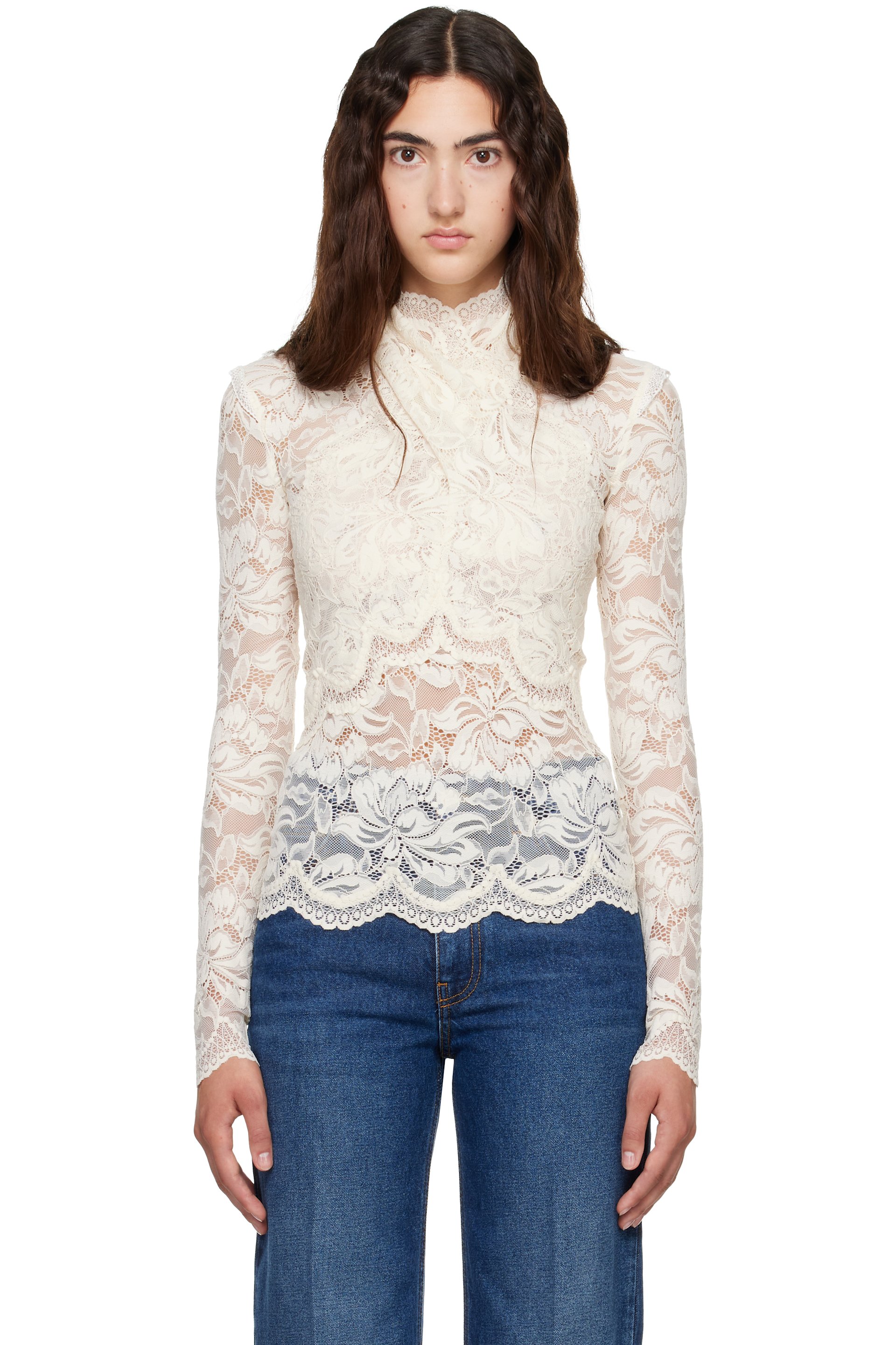 Rabanne - Off-White Long Sleeved Lace Cut-Out Blouse