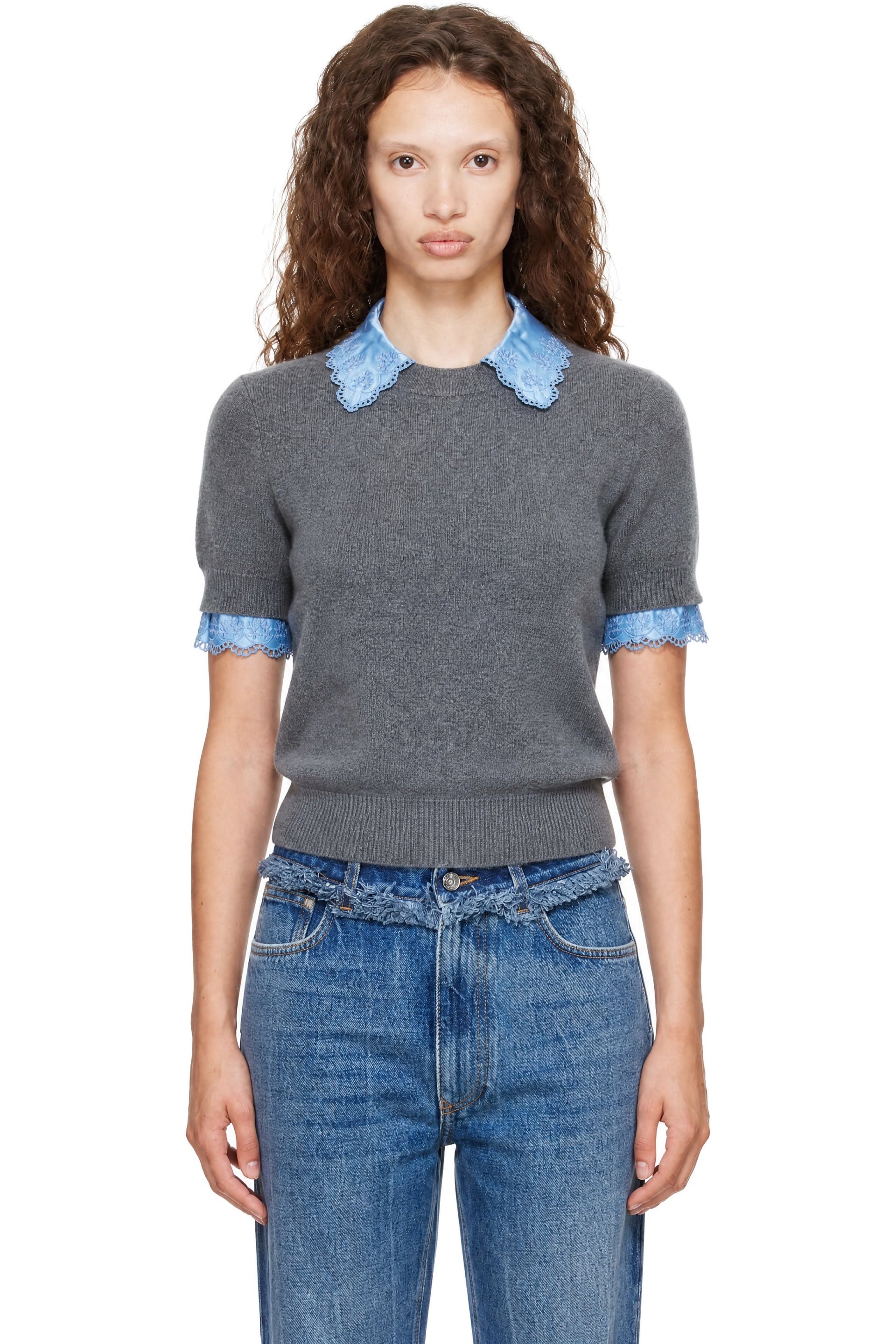 Rabanne - Pull à manches courtes gris et bleu en laine et cachemire