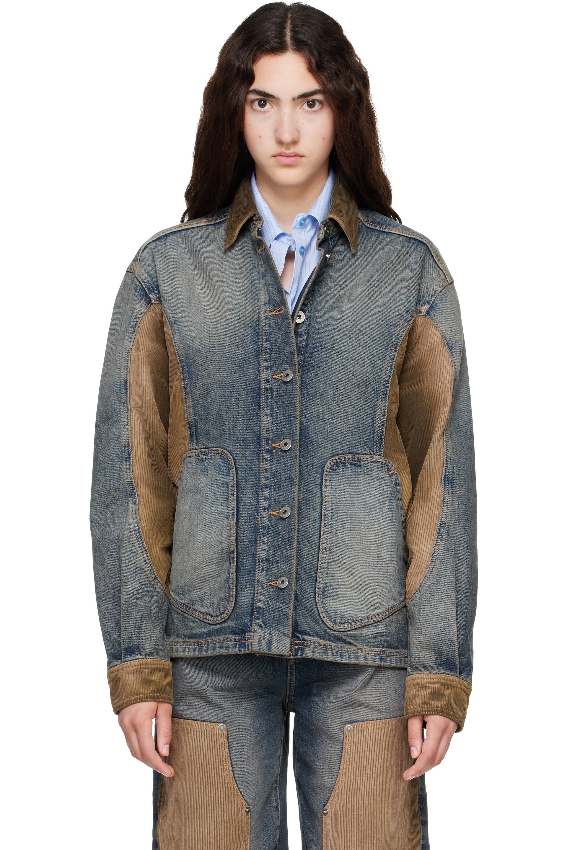 Off-White - Navy & Brown Corduroy Patch Denim Jacket