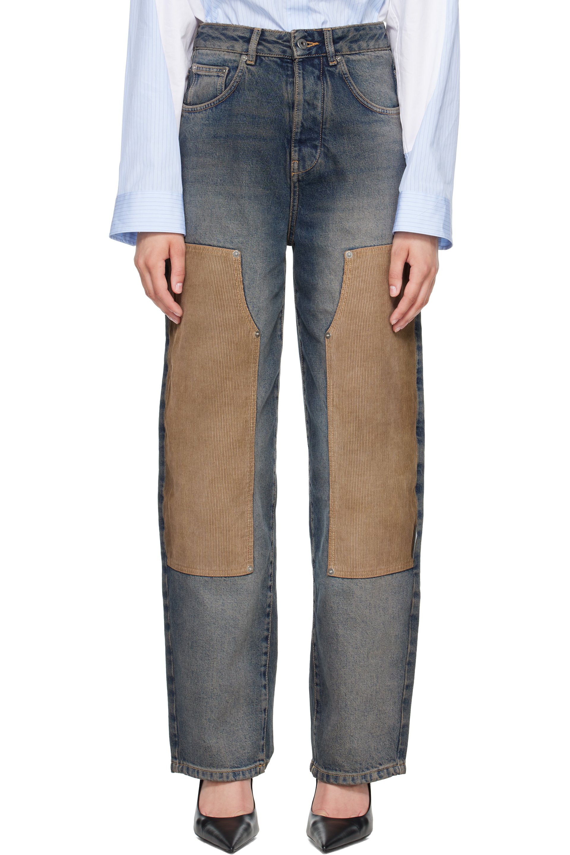 Off-White - Navy & Brown Corduroy Patch Balloon Jeans