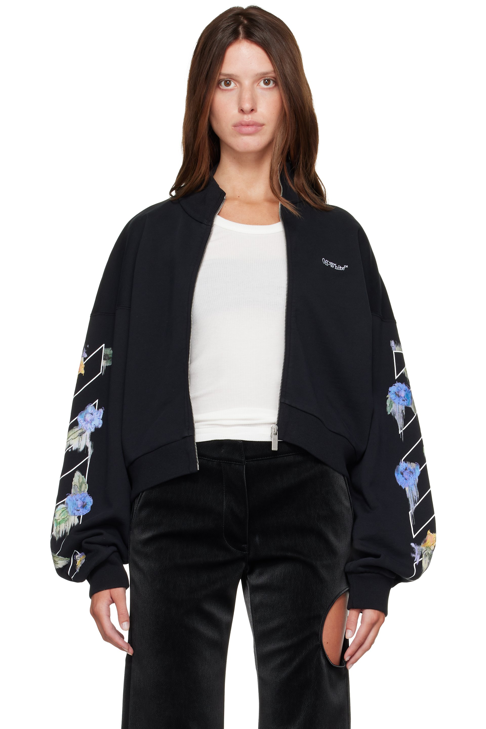 Off-White - Black Embroidered Arrow Out Flower Zipup Sweatshirt