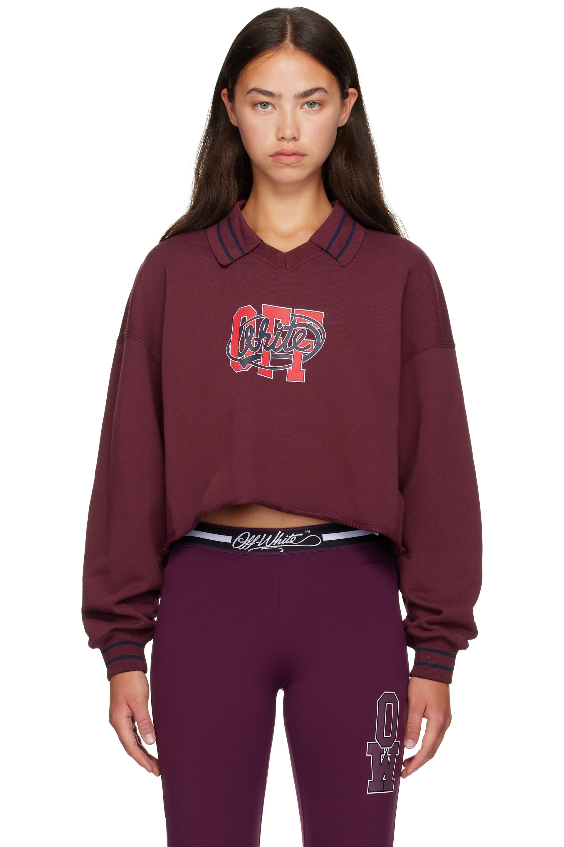 Off-White - 酒红色 Off College Crop Polo 套头衫