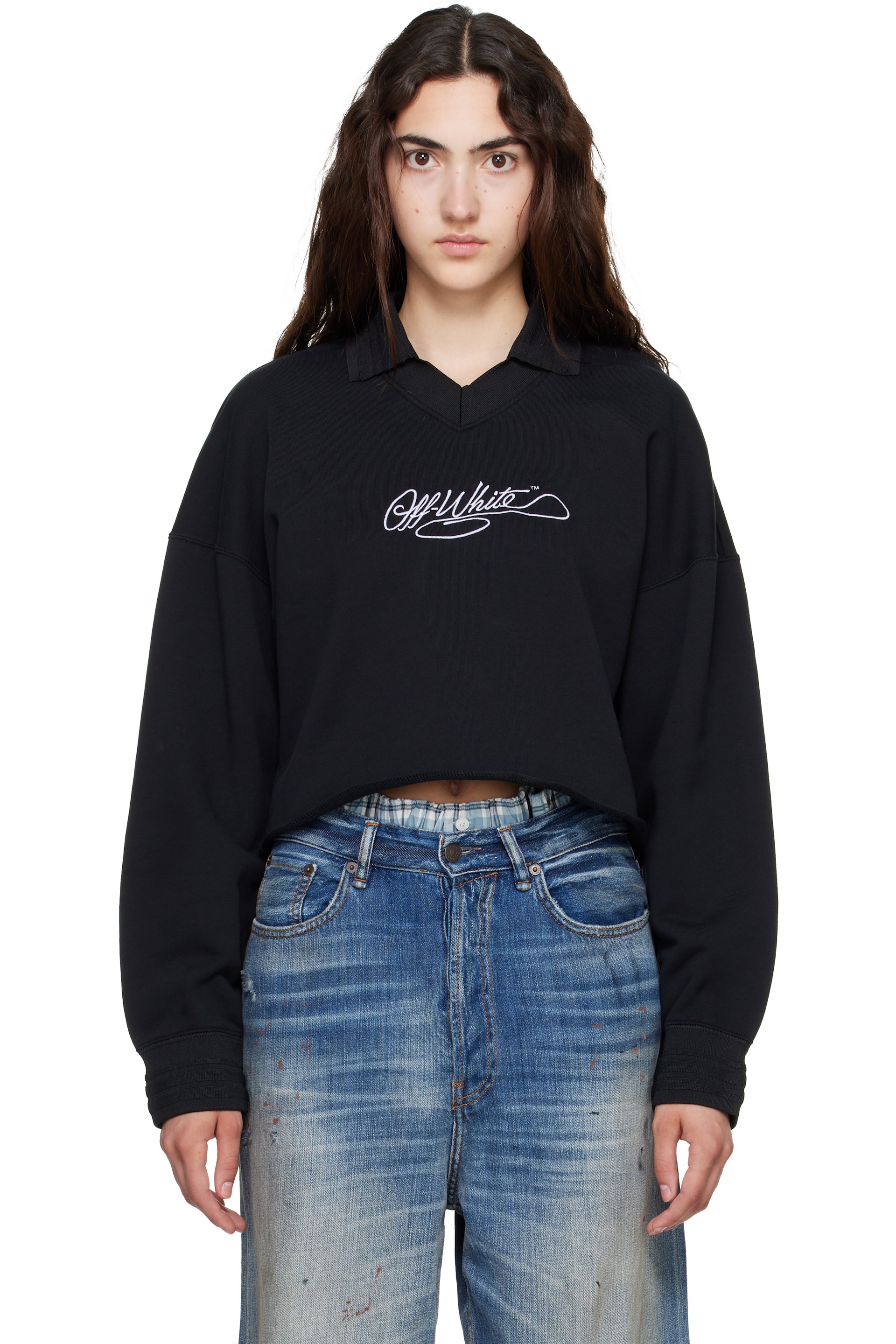 Off-White - Black Embroidered Script Crop Polo