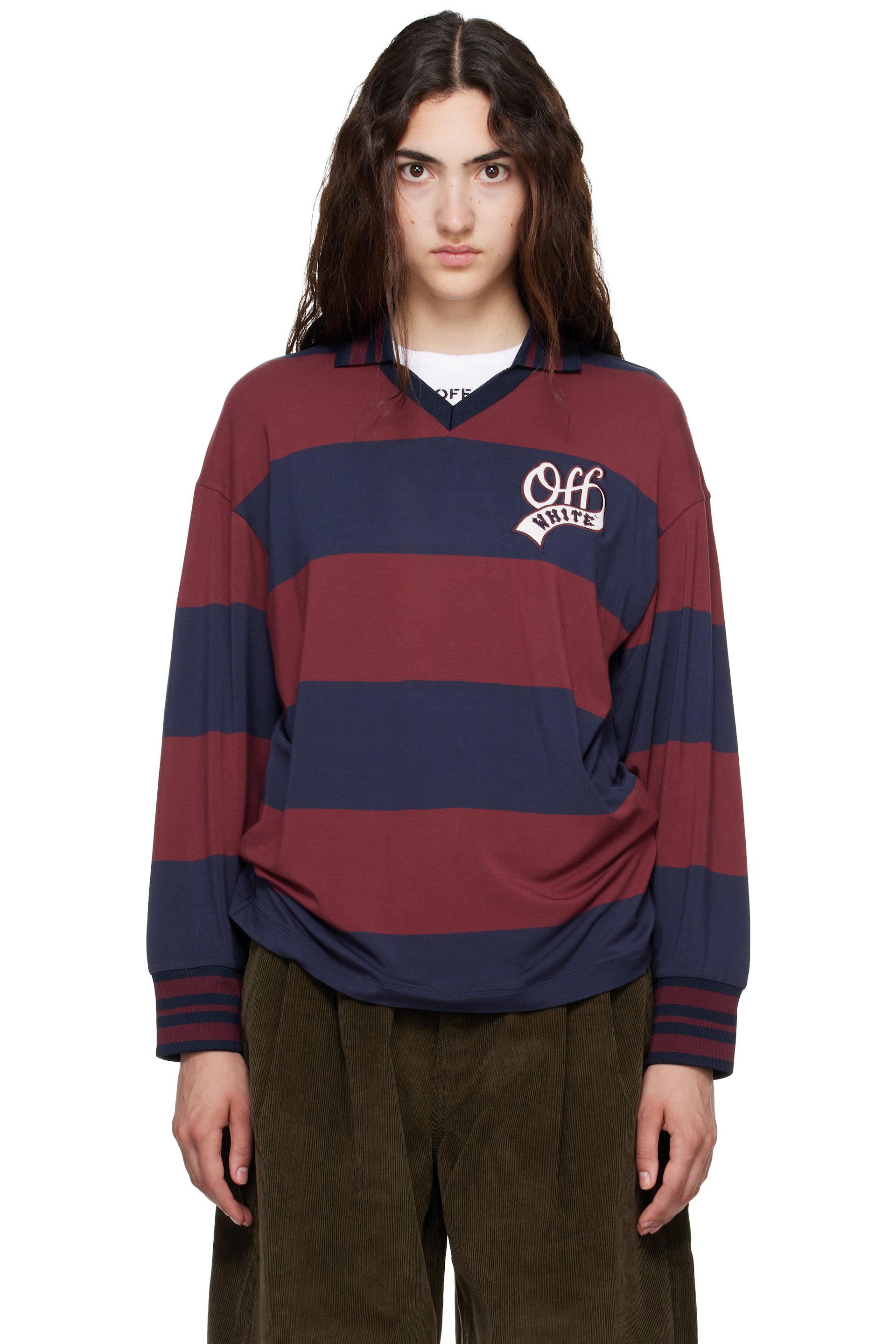 Off-White - Navy & Burgundy Striped Interlock L/S Polo