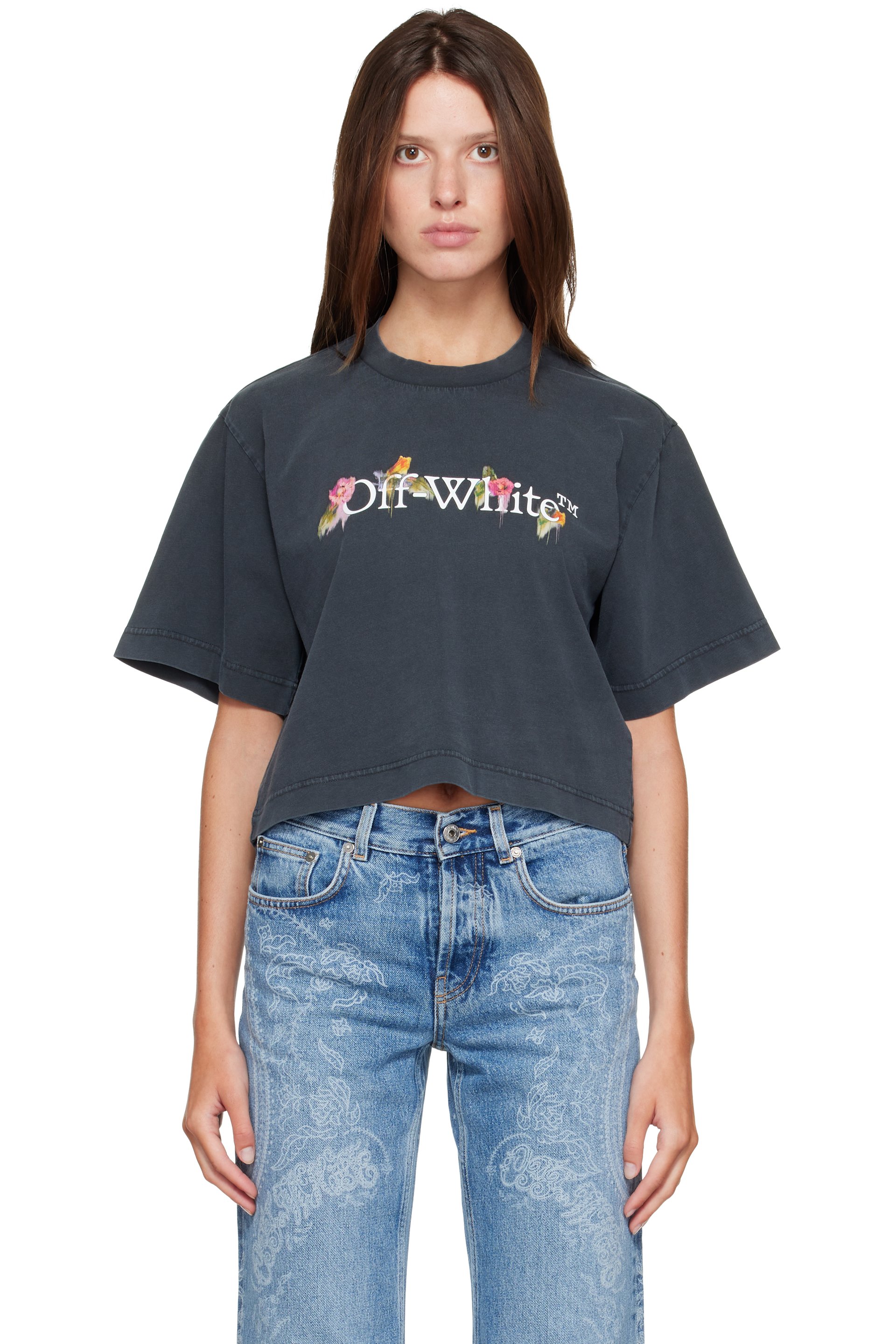 Off-White - Gray Bookish Flower Crop T-shirt