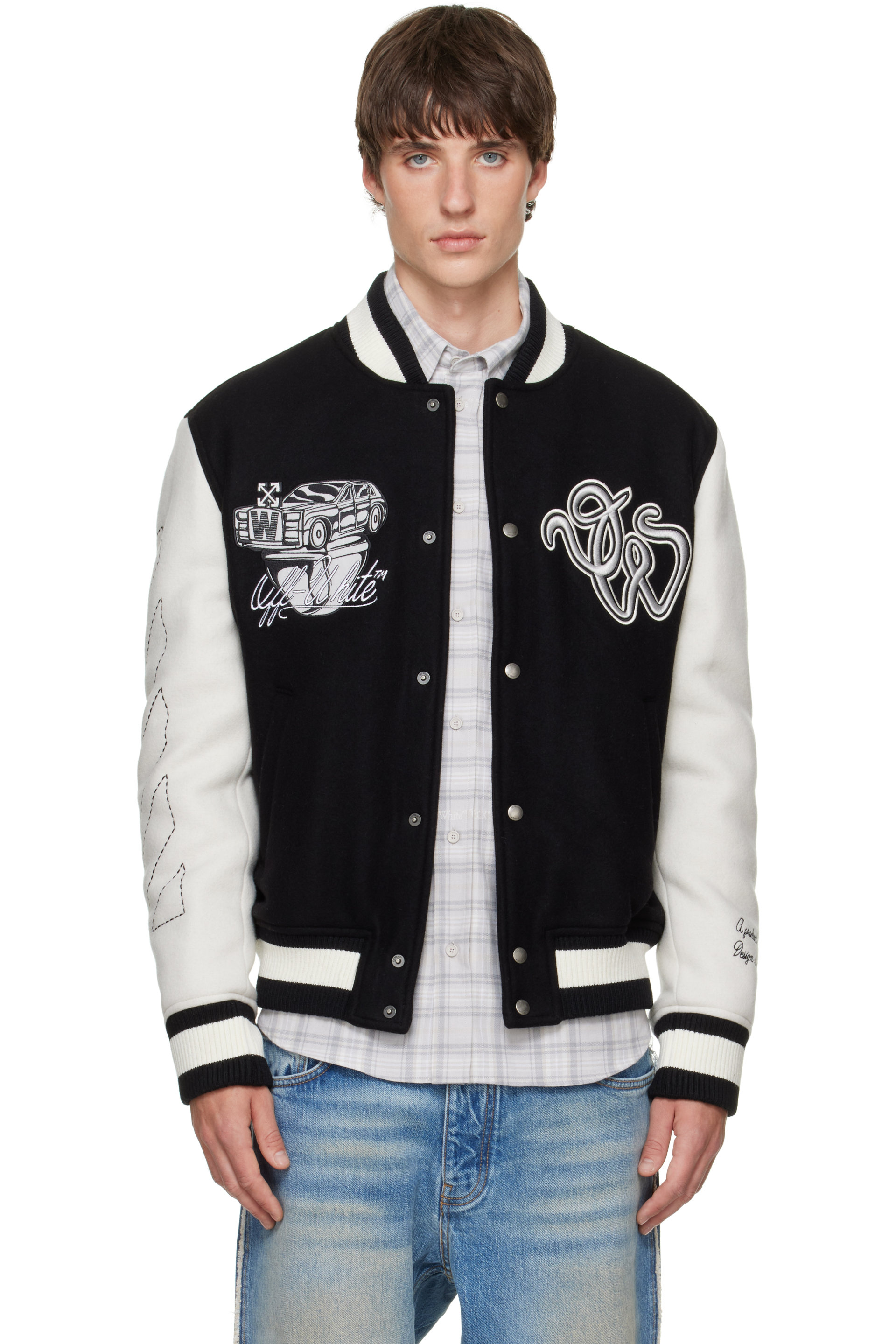 Off-White - Black Wool Regular Collage Varsity Jacket