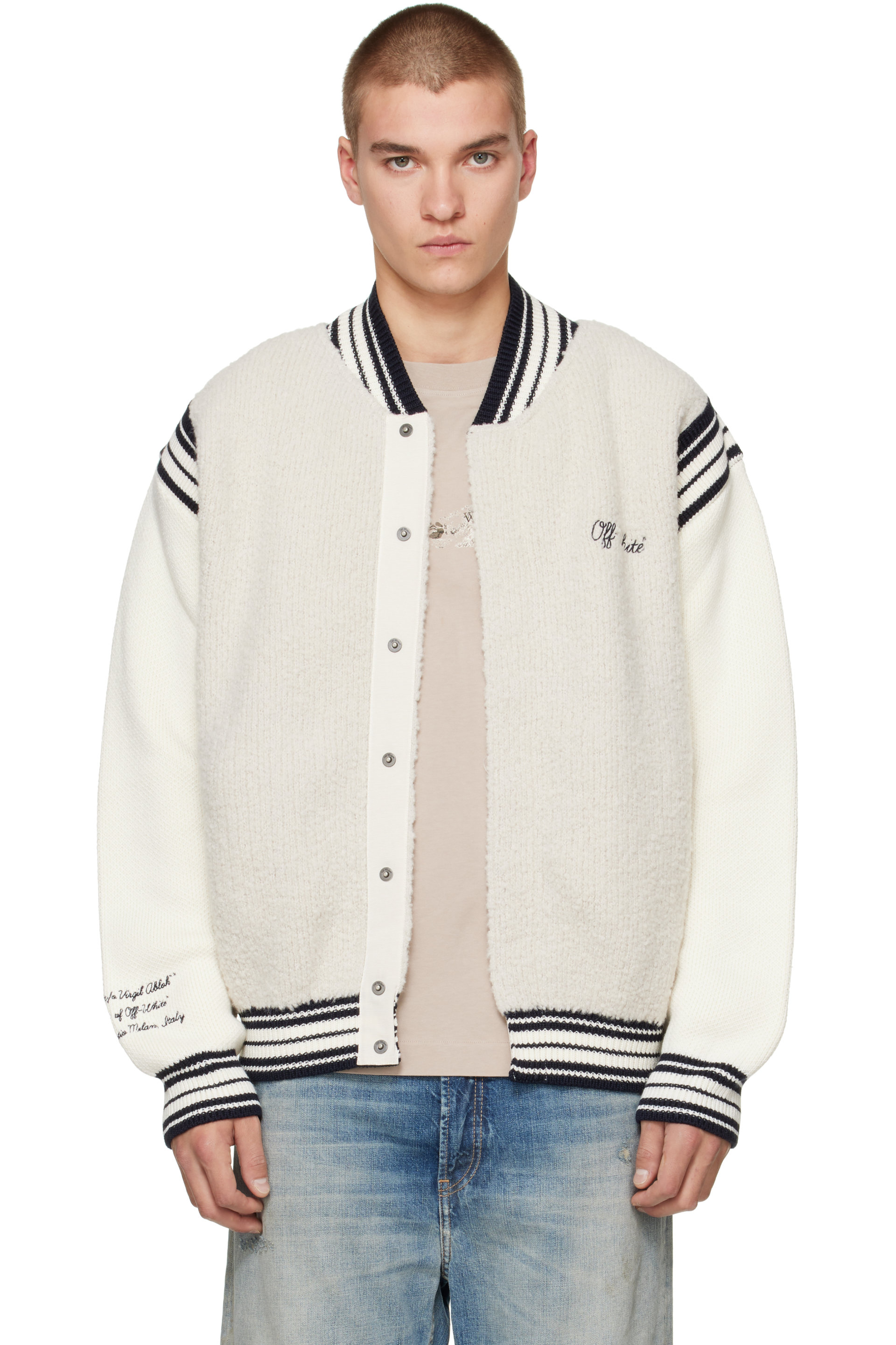 Off-White - グレー＆オフホワイト Script Logo ニット ボンバージャケット