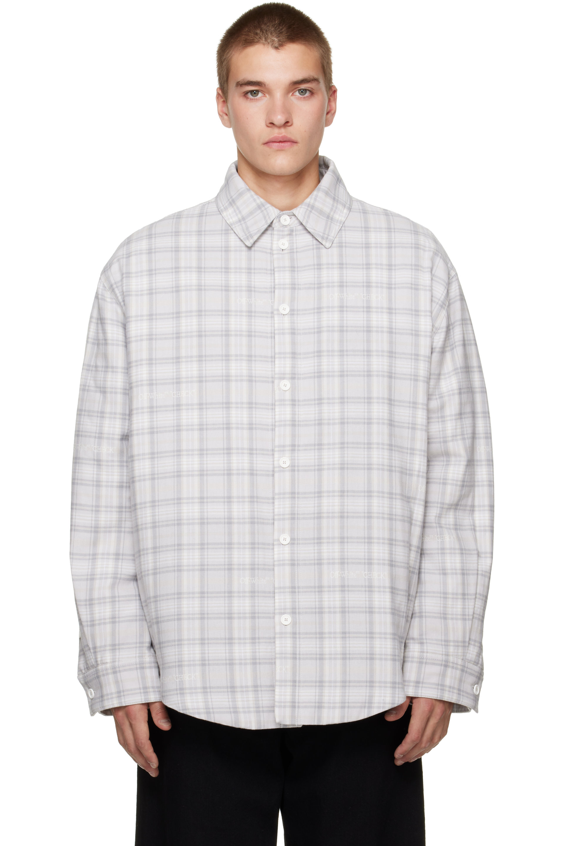 Off-White - Blouson de style surchemise rembourré gris en flanelle à carreaux