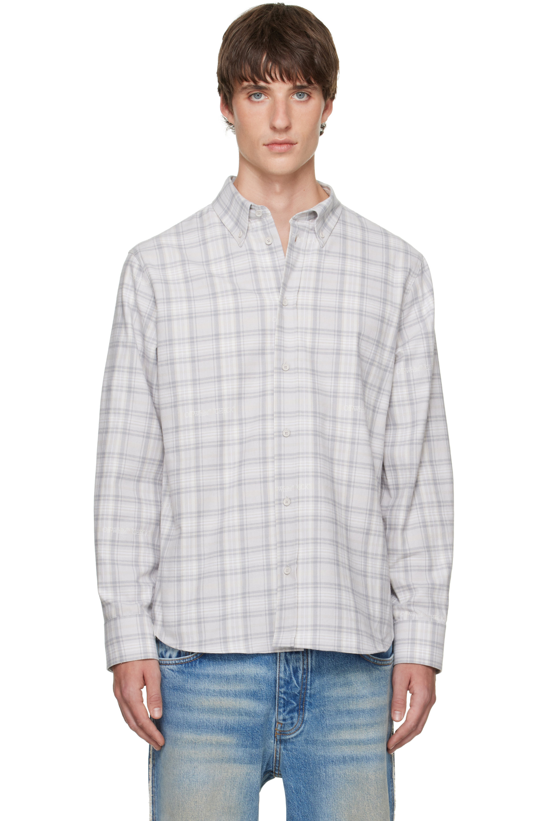 Off-White - Gray Handstyle Logo Check Flannel Shirt