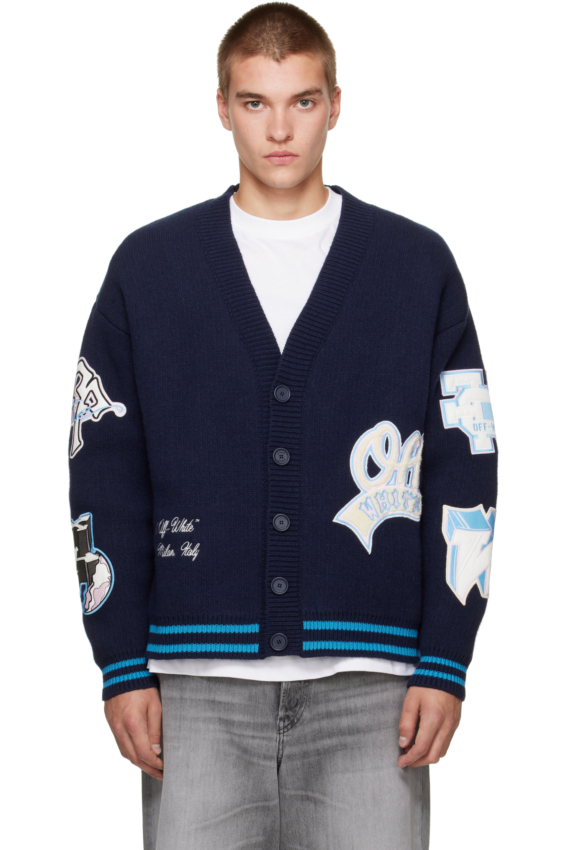 Off-White - Cardigan de style collégial bleu marine en tricot à écussons
