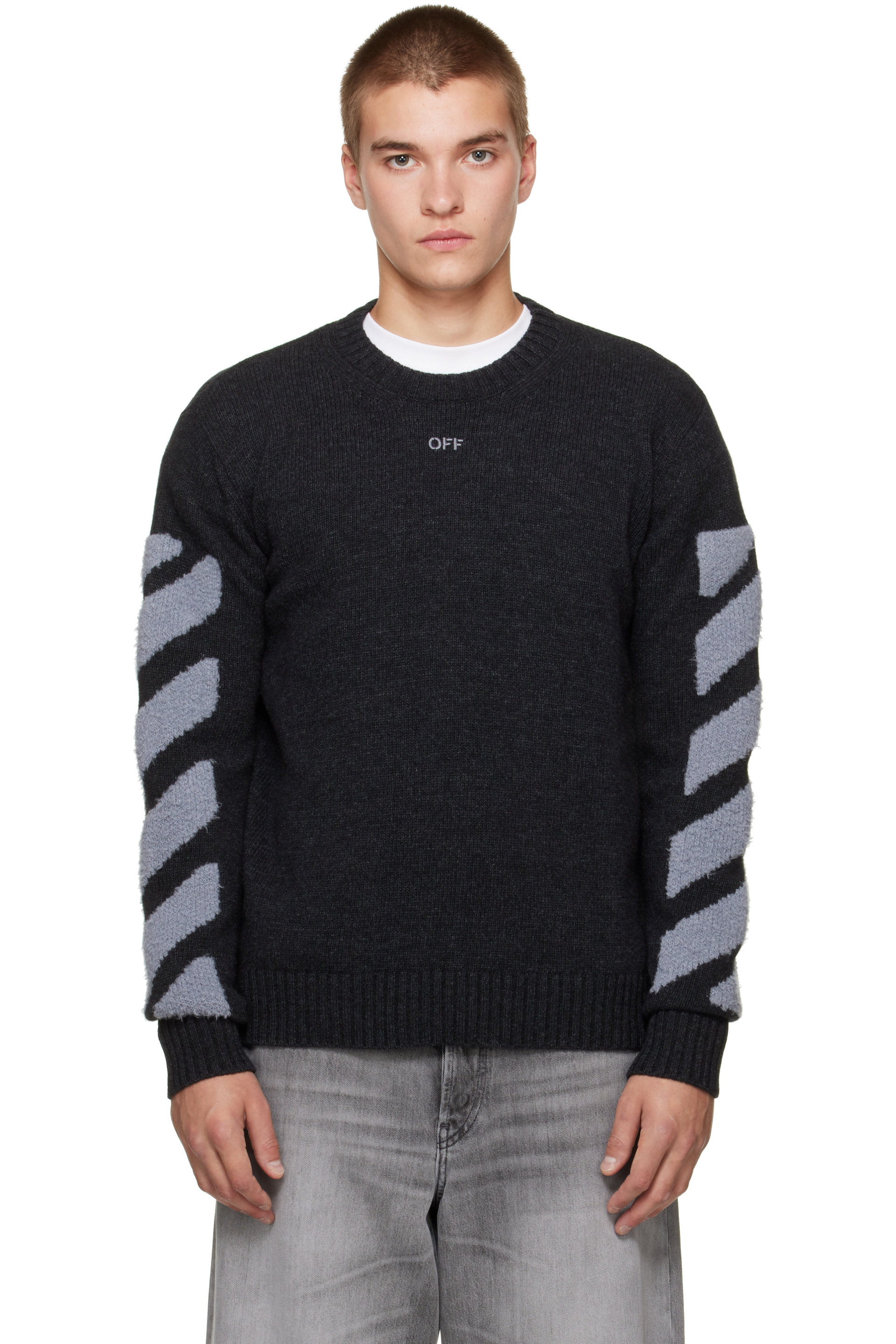 Off-White - Gray Diag Fuzzy Knit Crewneck Sweater