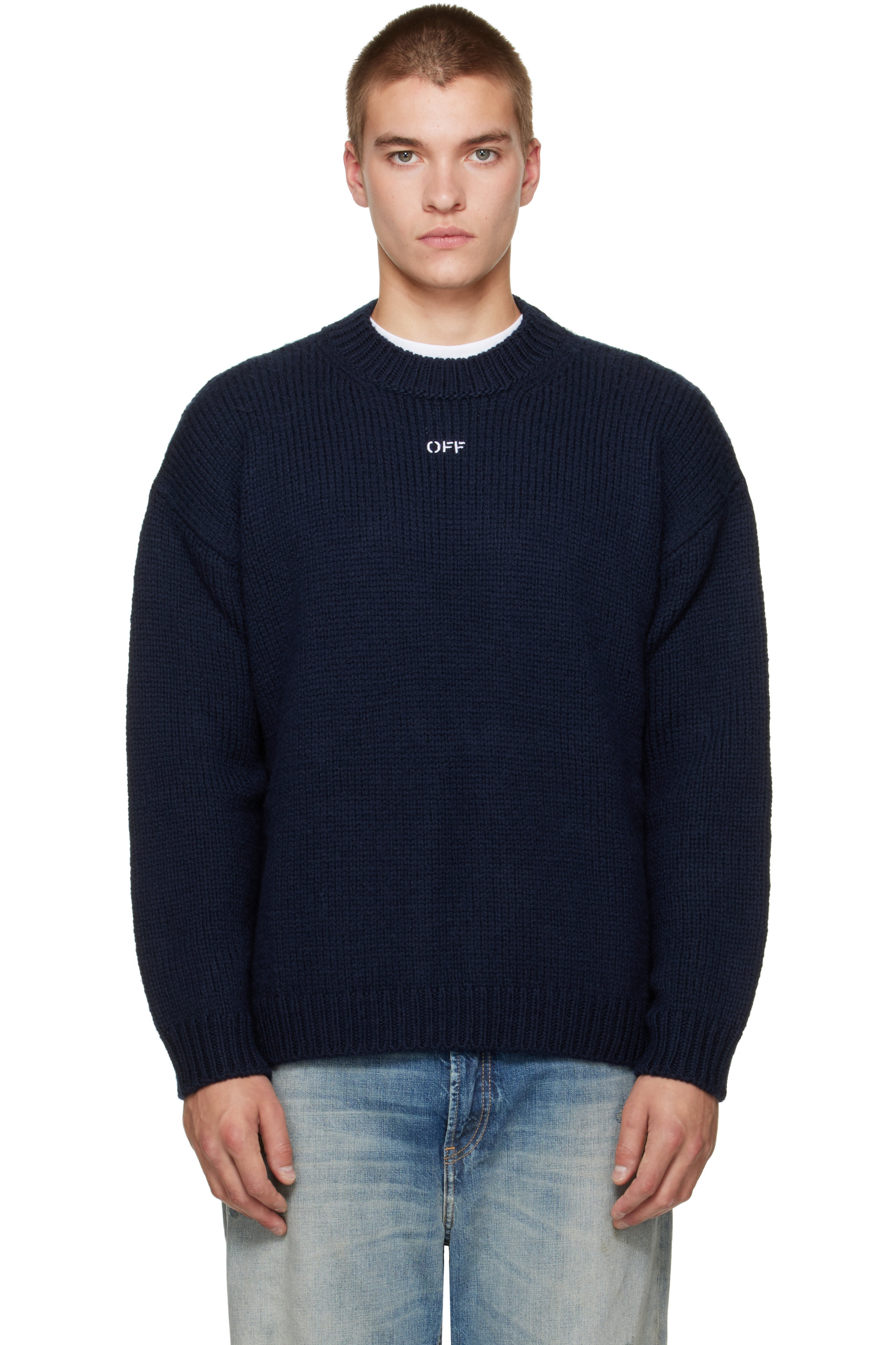 Off-White - Pull bleu marine à quatre flèches et à col ras du cou