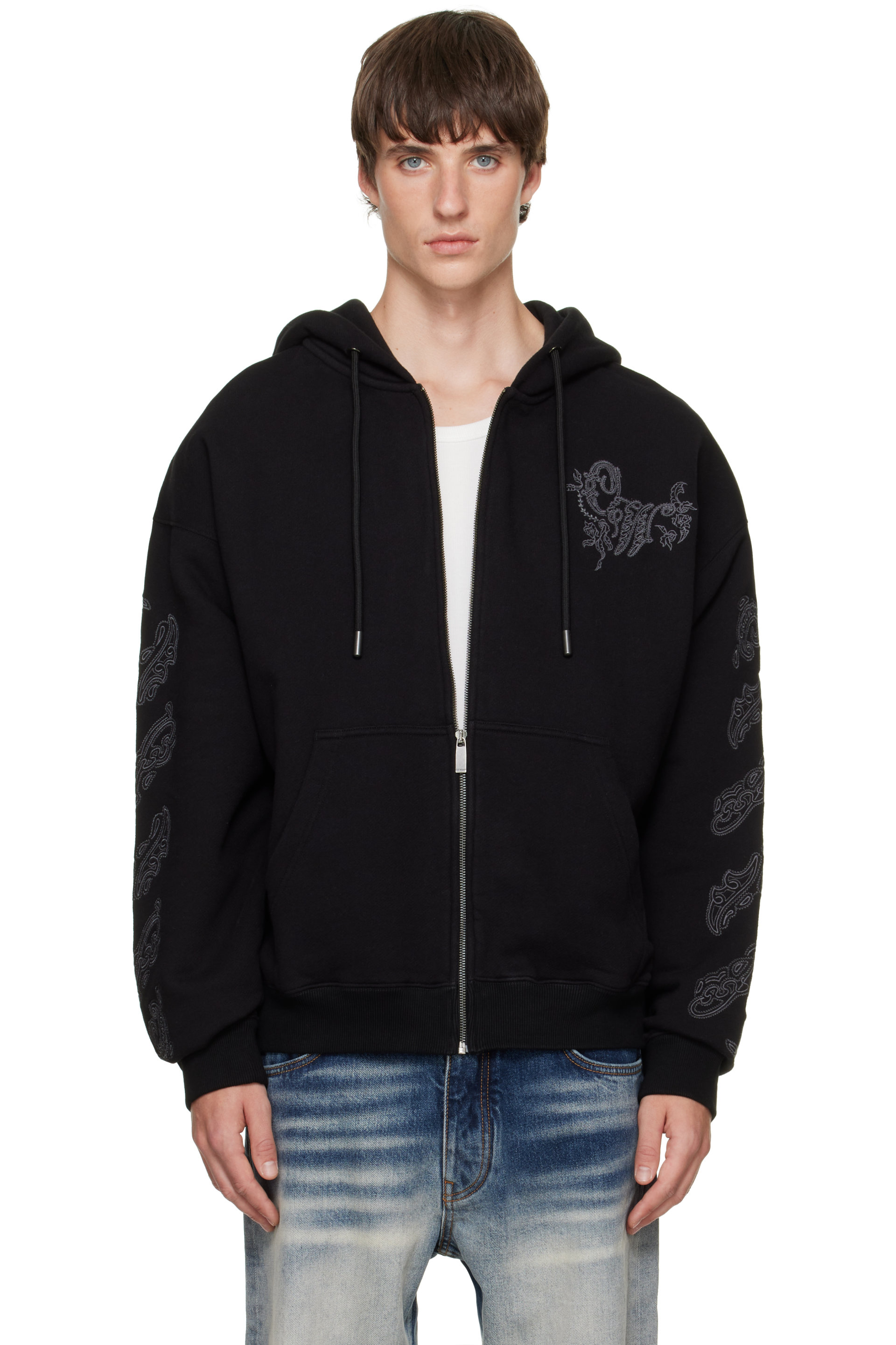 Off-White - Pull de planchiste à capuche noir à glissière et à motif cachemire