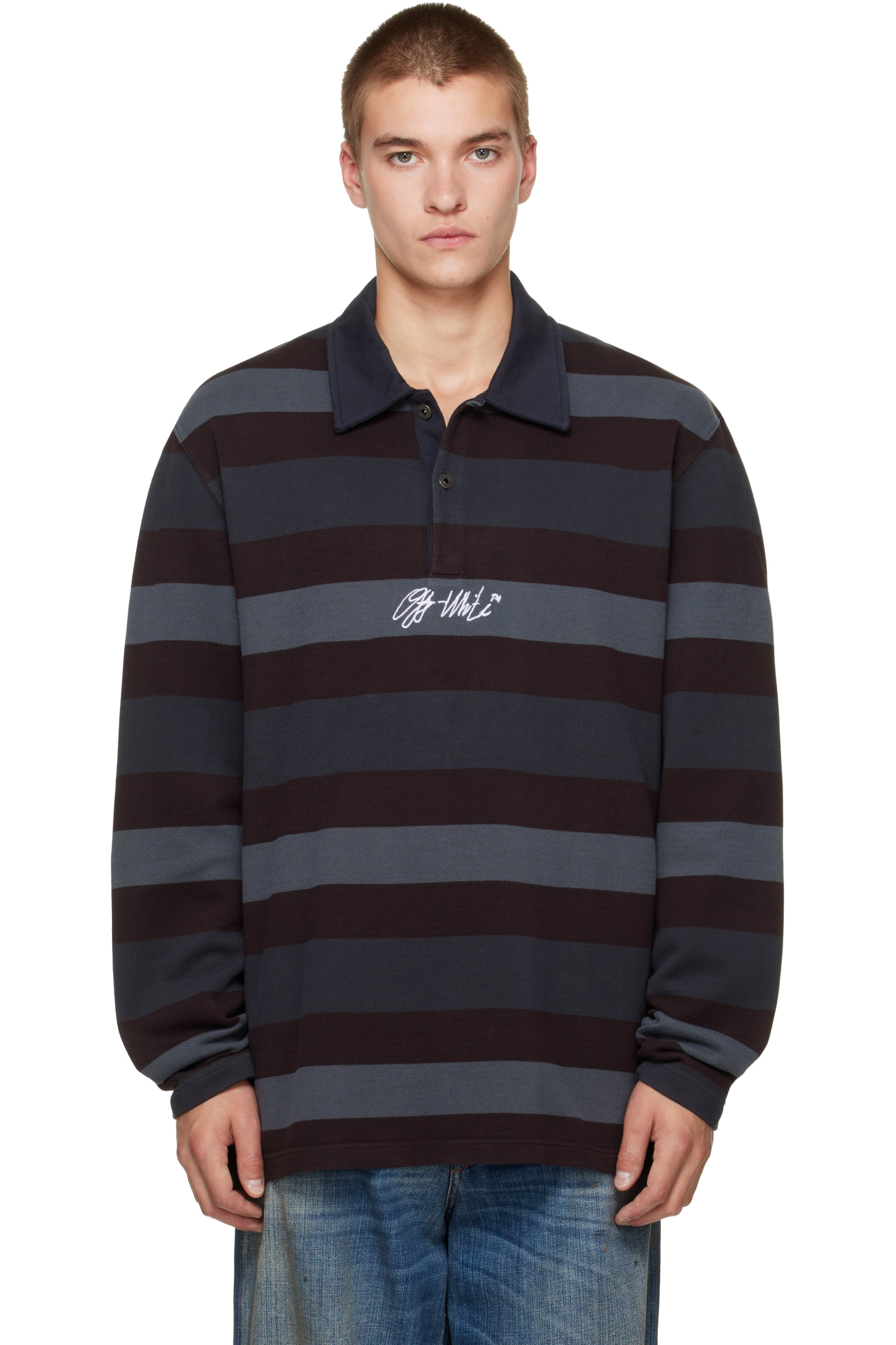 Off-White - Gray & Burgundy Stroke OW Relax L/S Polo