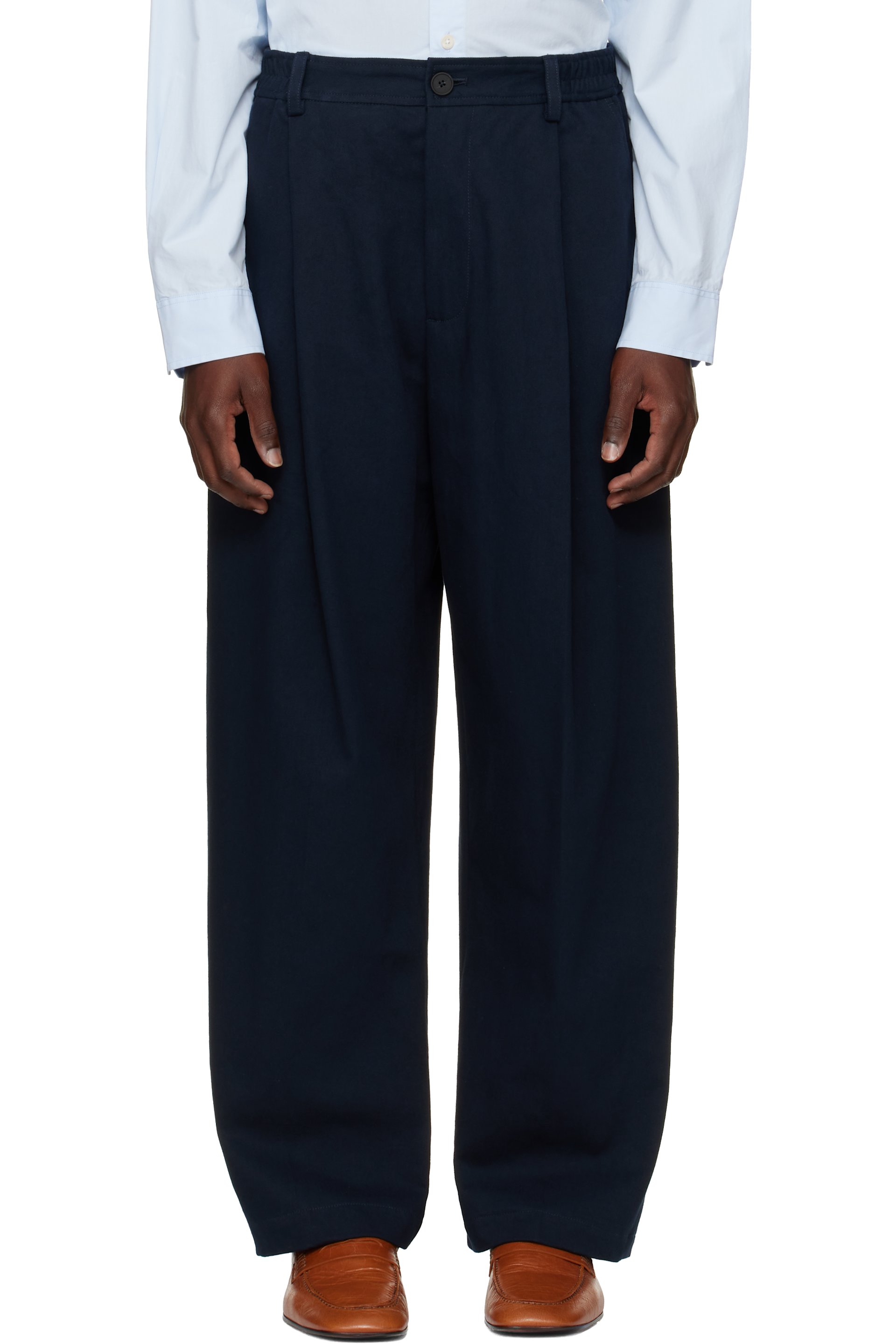 Studio Nicholson - Navy Shire Cotton Pleated Trousers
