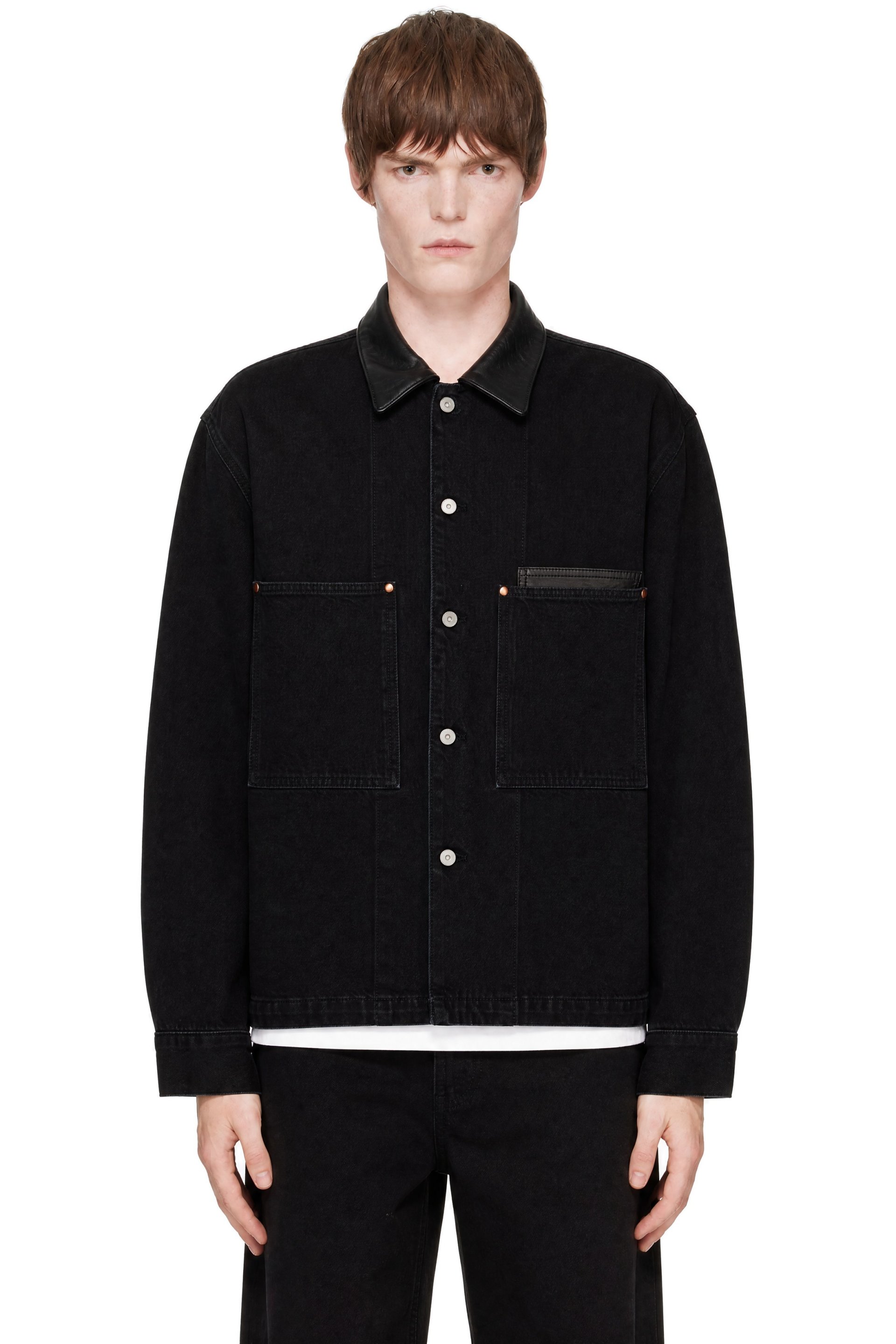 LEMAIRE - Black Workwear Leather Collar Denim Jacket