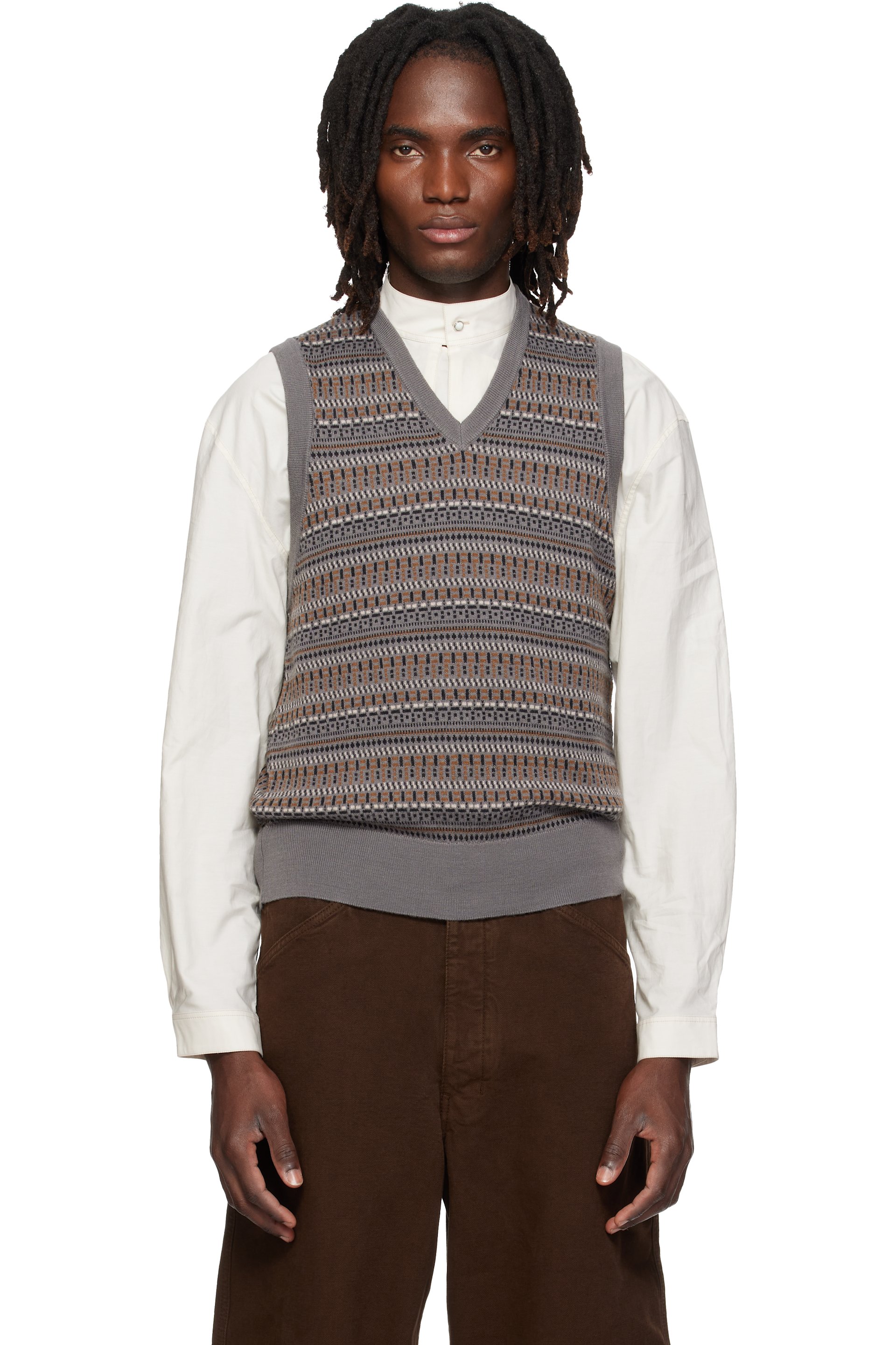 LEMAIRE - Gray V-Neck Jacquard Sweater Vest