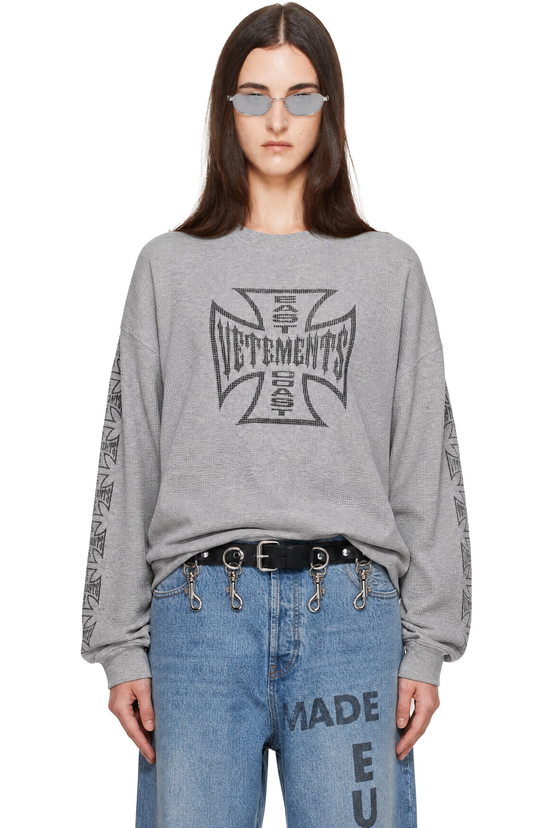 VETEMENTS - Gray Big Biker Cross Waffle Longsleeve T-shirt