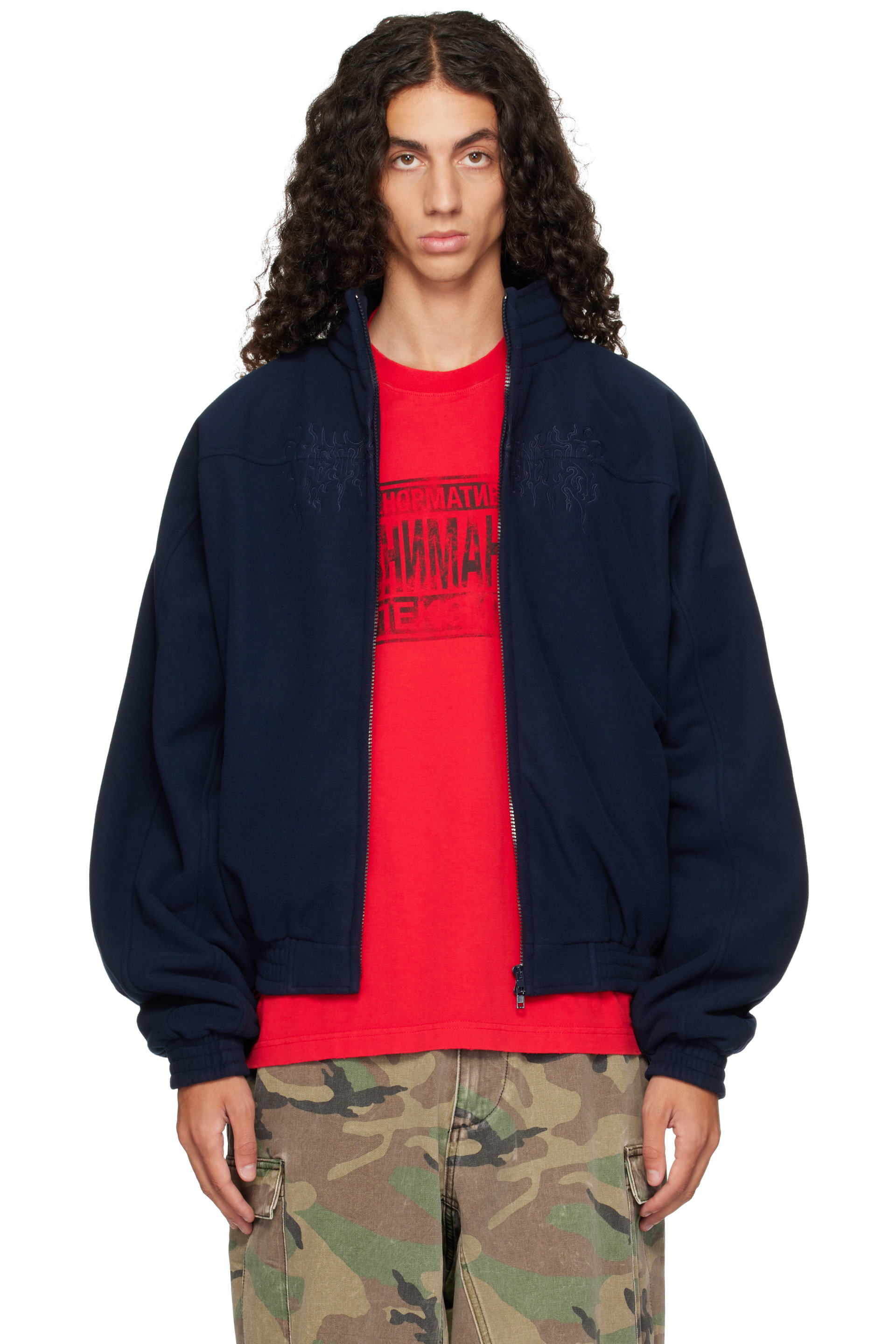VETEMENTS - Blouson bleu marine en molleton à logo brodé