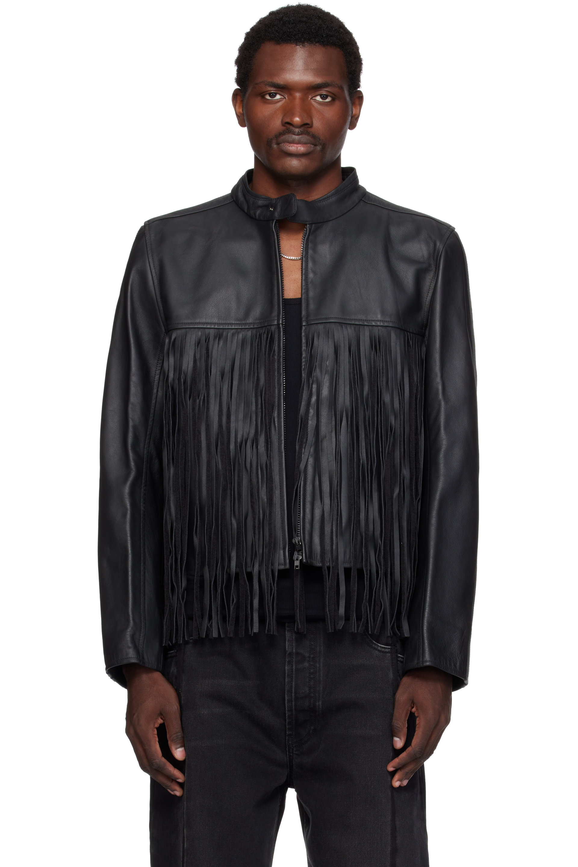 VETEMENTS - Black Fringed Boxy Moto Leather Jacket