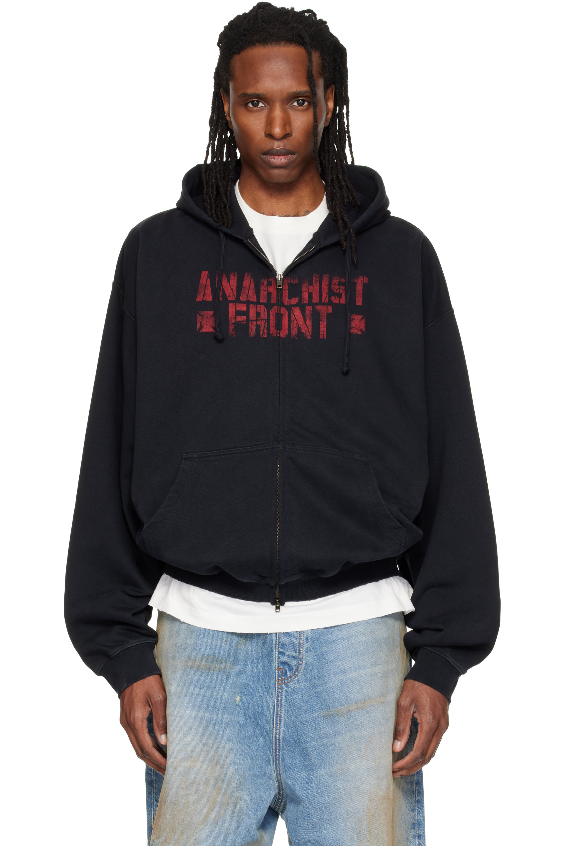 VETEMENTS - Black Zip Up 'Anarchist Front' Hoodie