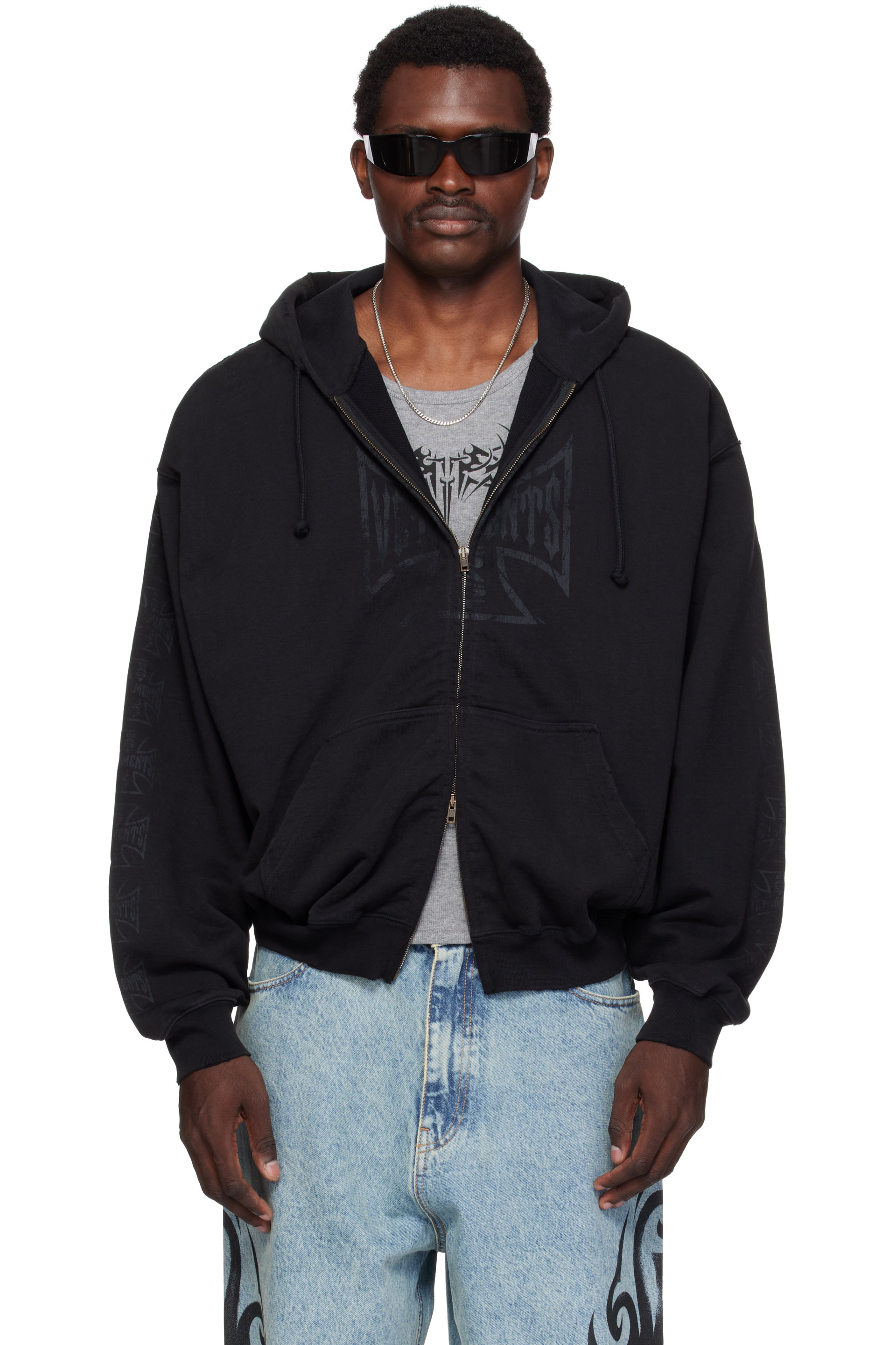 VETEMENTS - Black Big Biker Cross Zip-Up Hoodie
