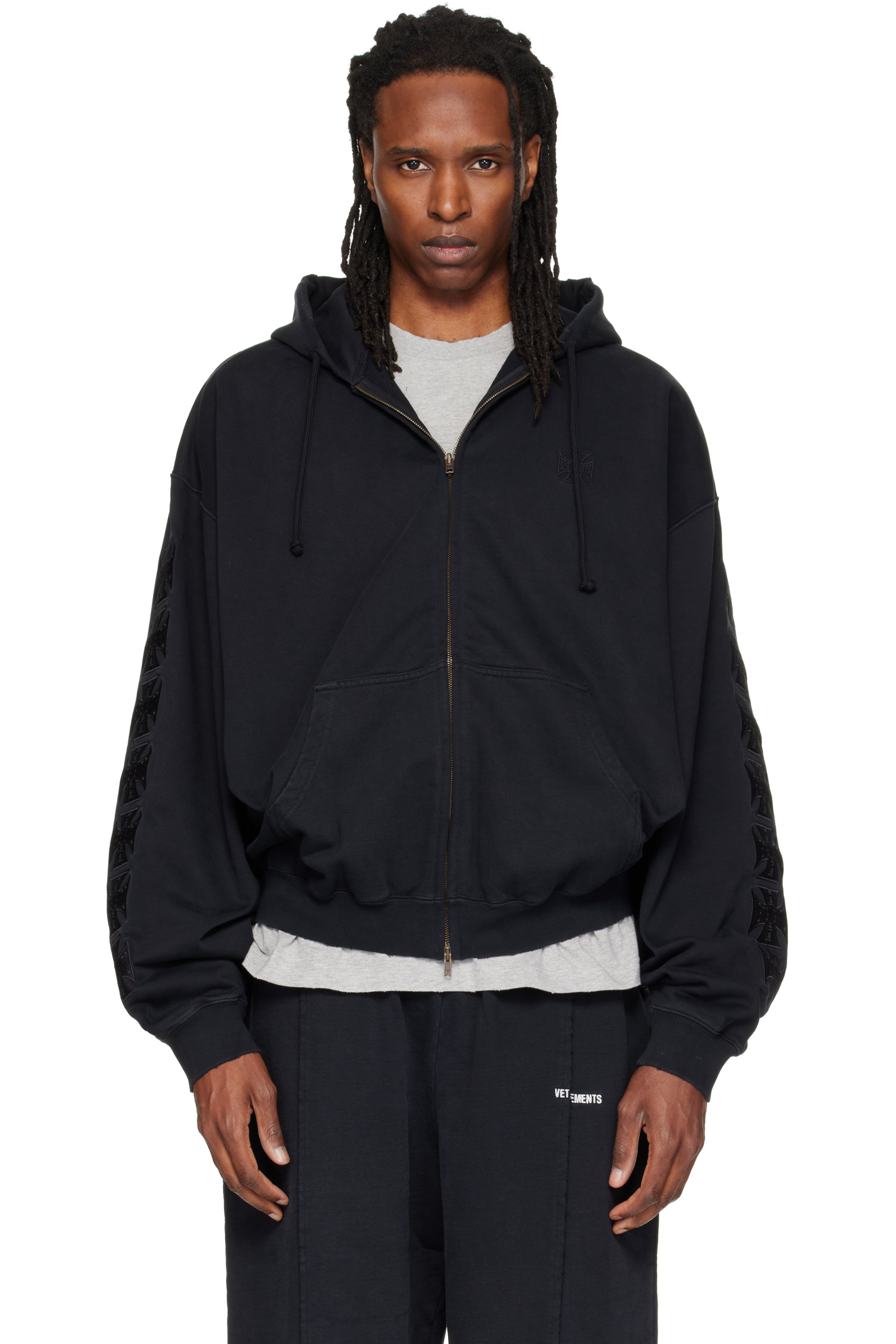 VETEMENTS - Black Embroidered Biker Cross Logo Zip Up Hoodie