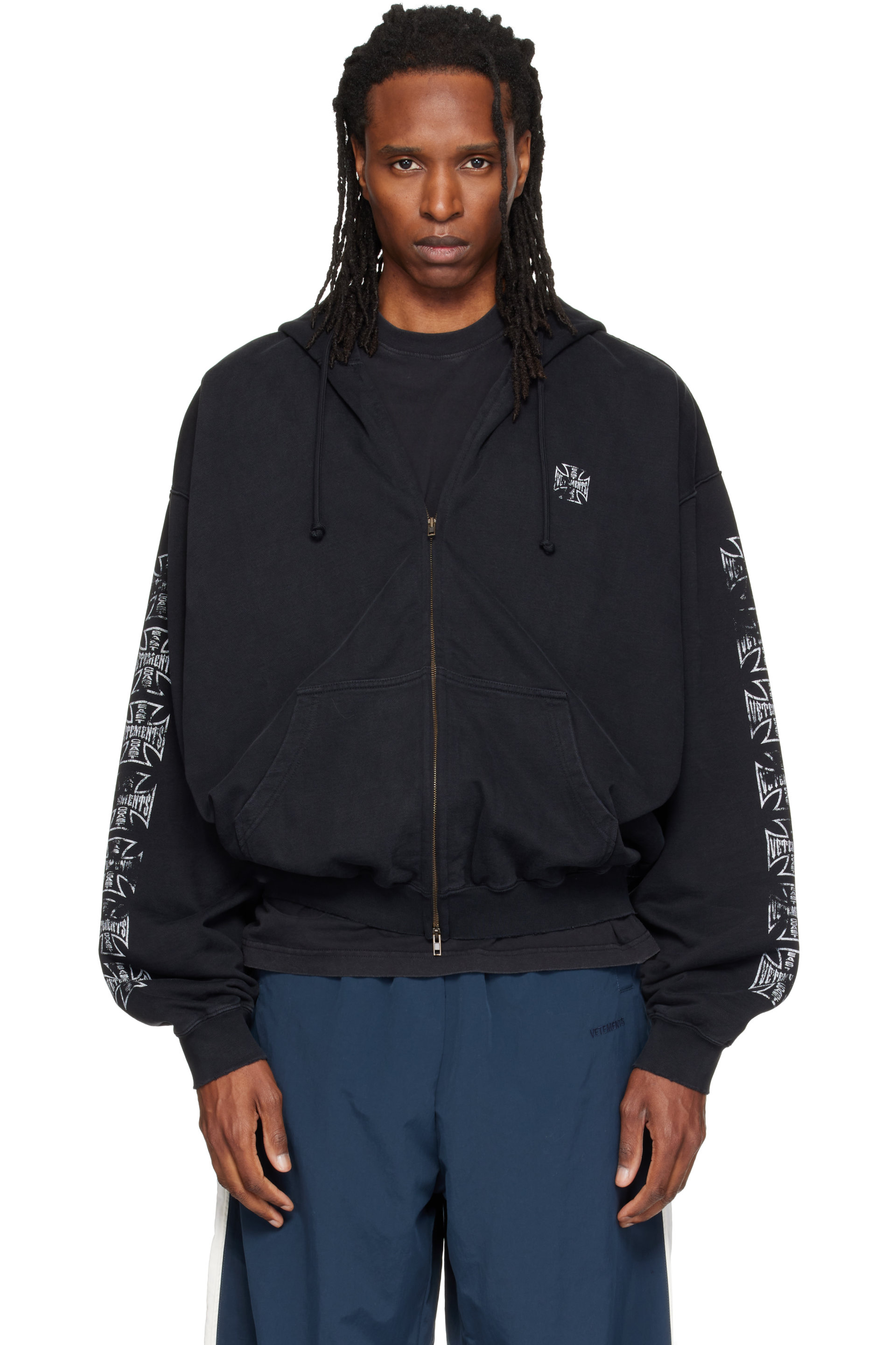 VETEMENTS - Black Biker Cross Logo Zip Up Hoodie