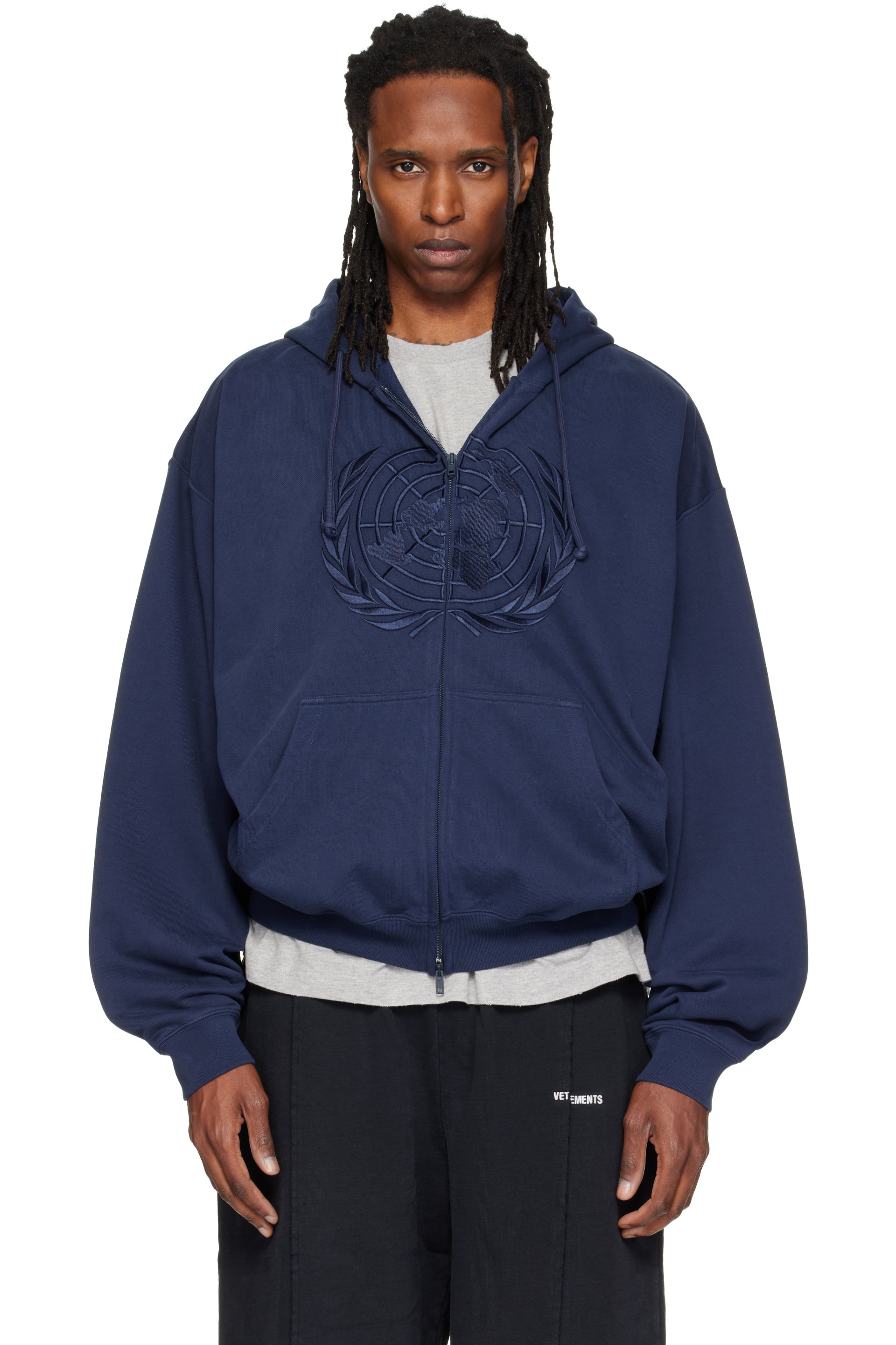VETEMENTS - Navy Embroidered Zip Up Hoodie