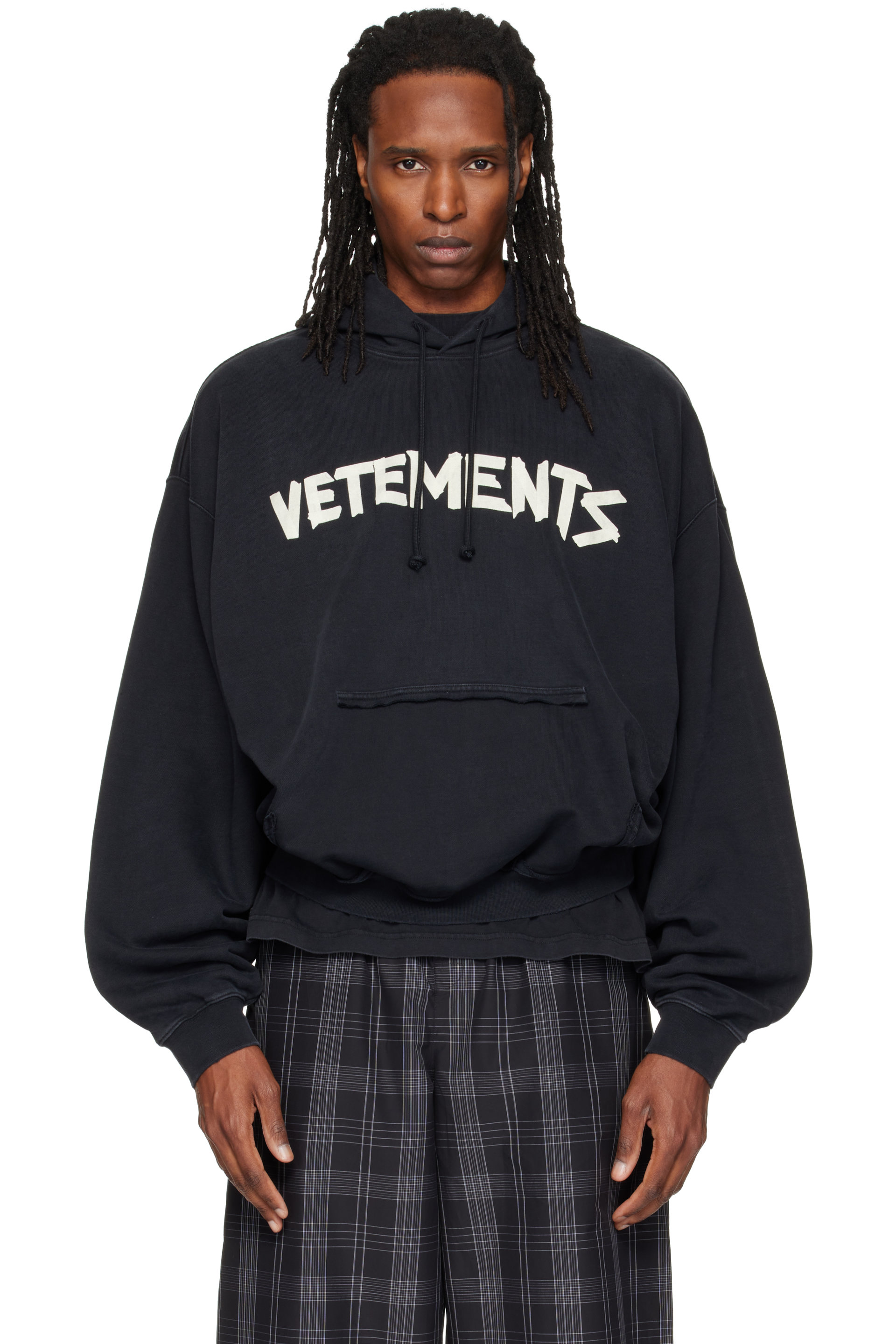 VETEMENTS - Black Tape Logo Destroyed Hoodie