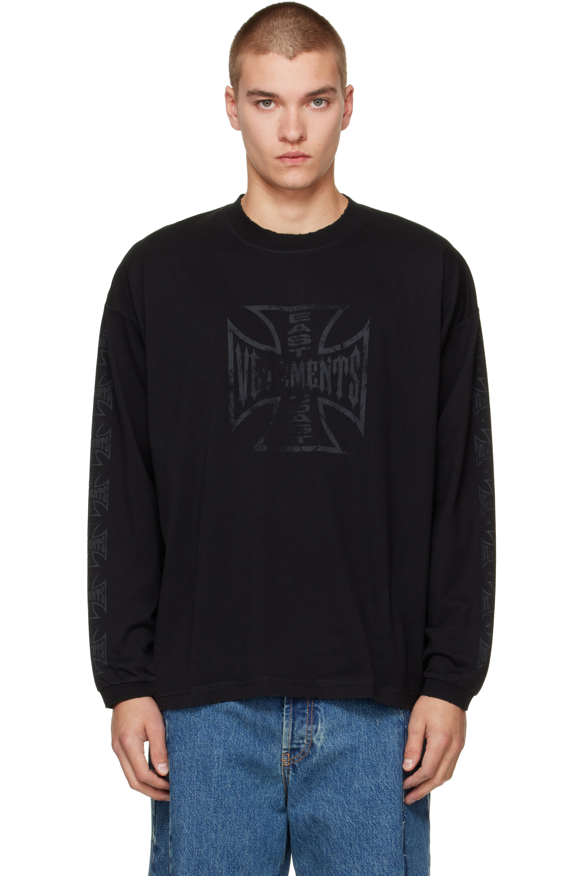 VETEMENTS - Black Biker Cross Logo Longsleeve T-shirt