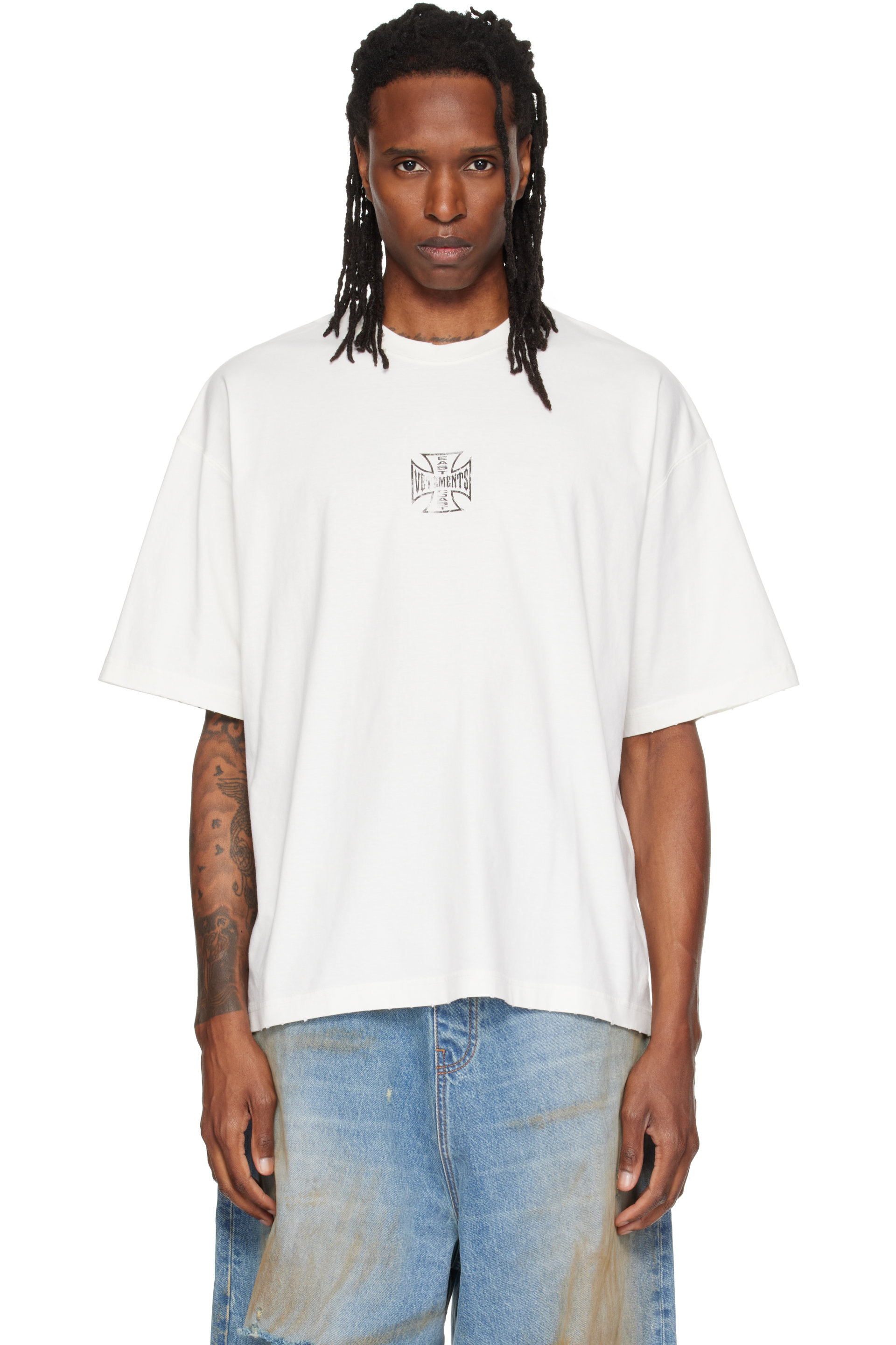 VETEMENTS - T-shirt droit blanc cassé à logo Biker Cross