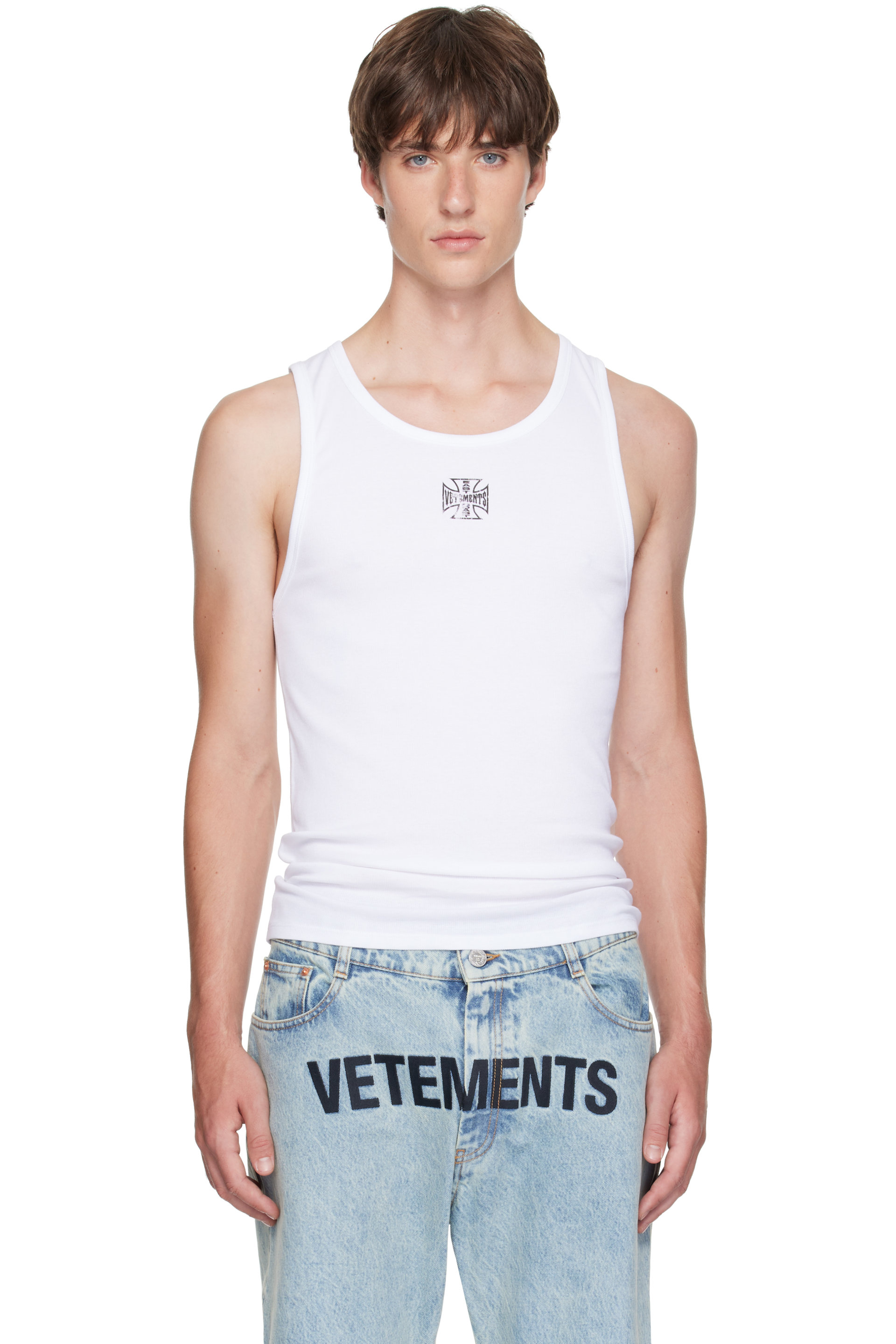 VETEMENTS - White Biker Cross Logo Tank Top