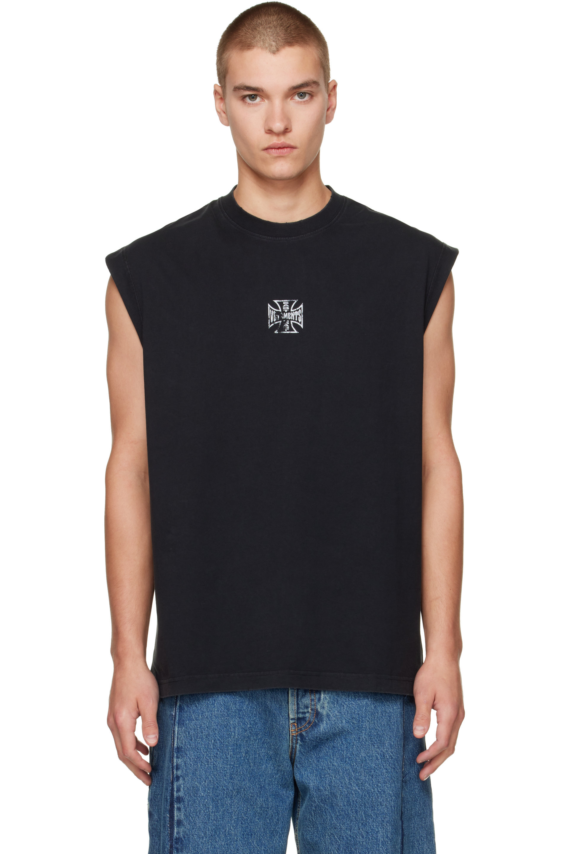 VETEMENTS - T-shirt sans manches noir à logos Biker Cross