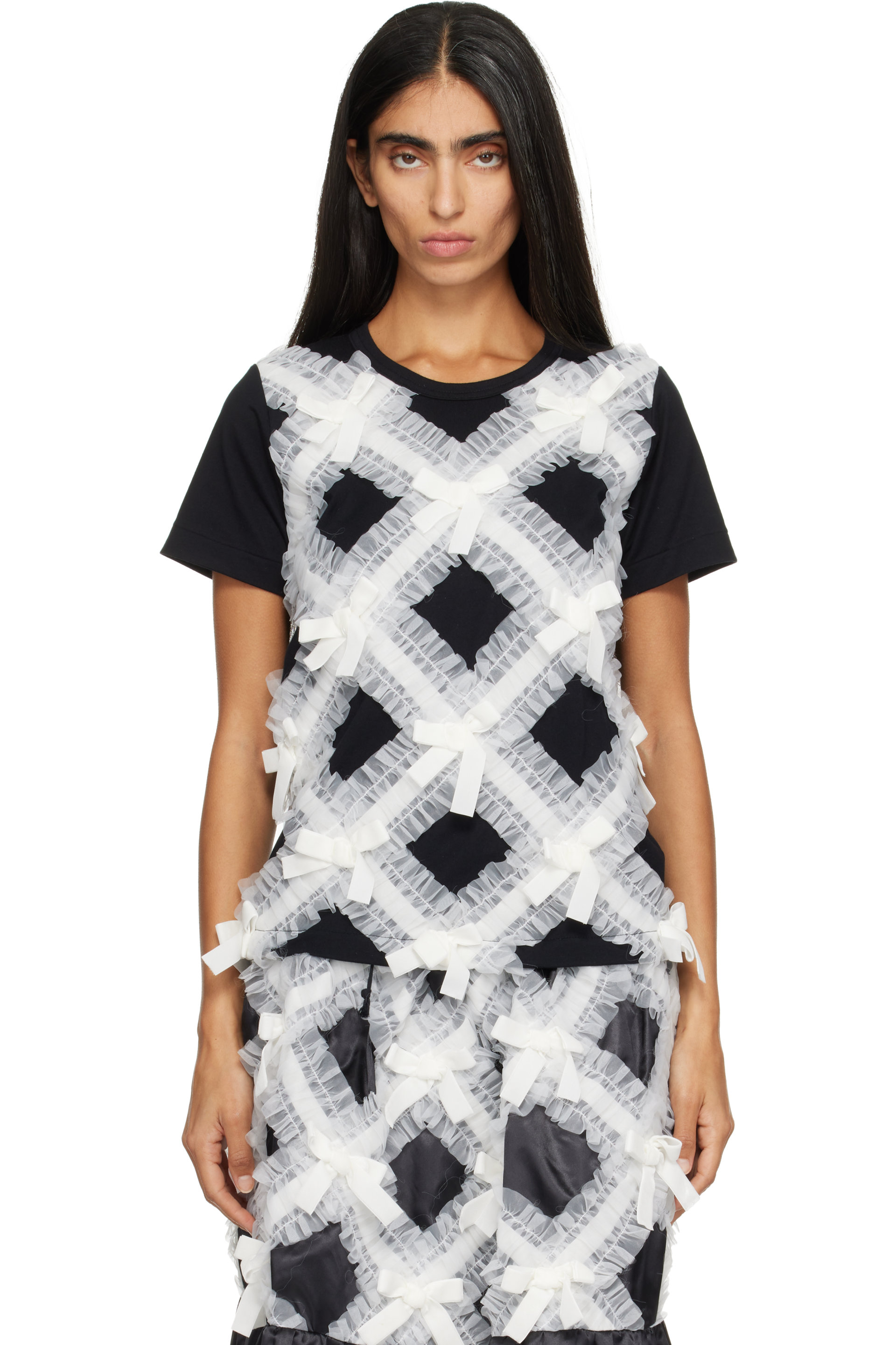 Comme des Garçons Girl - T-shirt noir et blanc à volants et à boucles