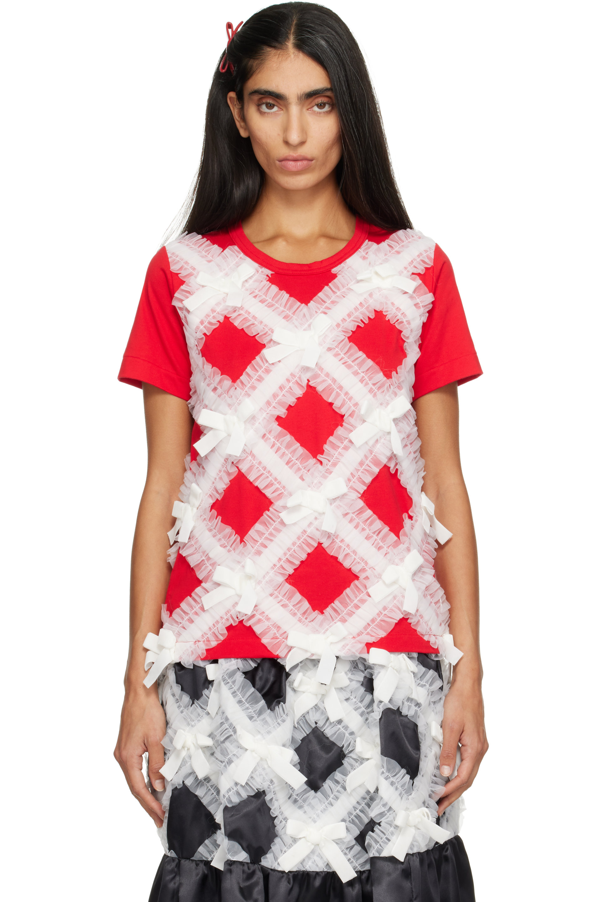 Comme des Garçons Girl - T-shirt rouge et blanc à volants et à boucles