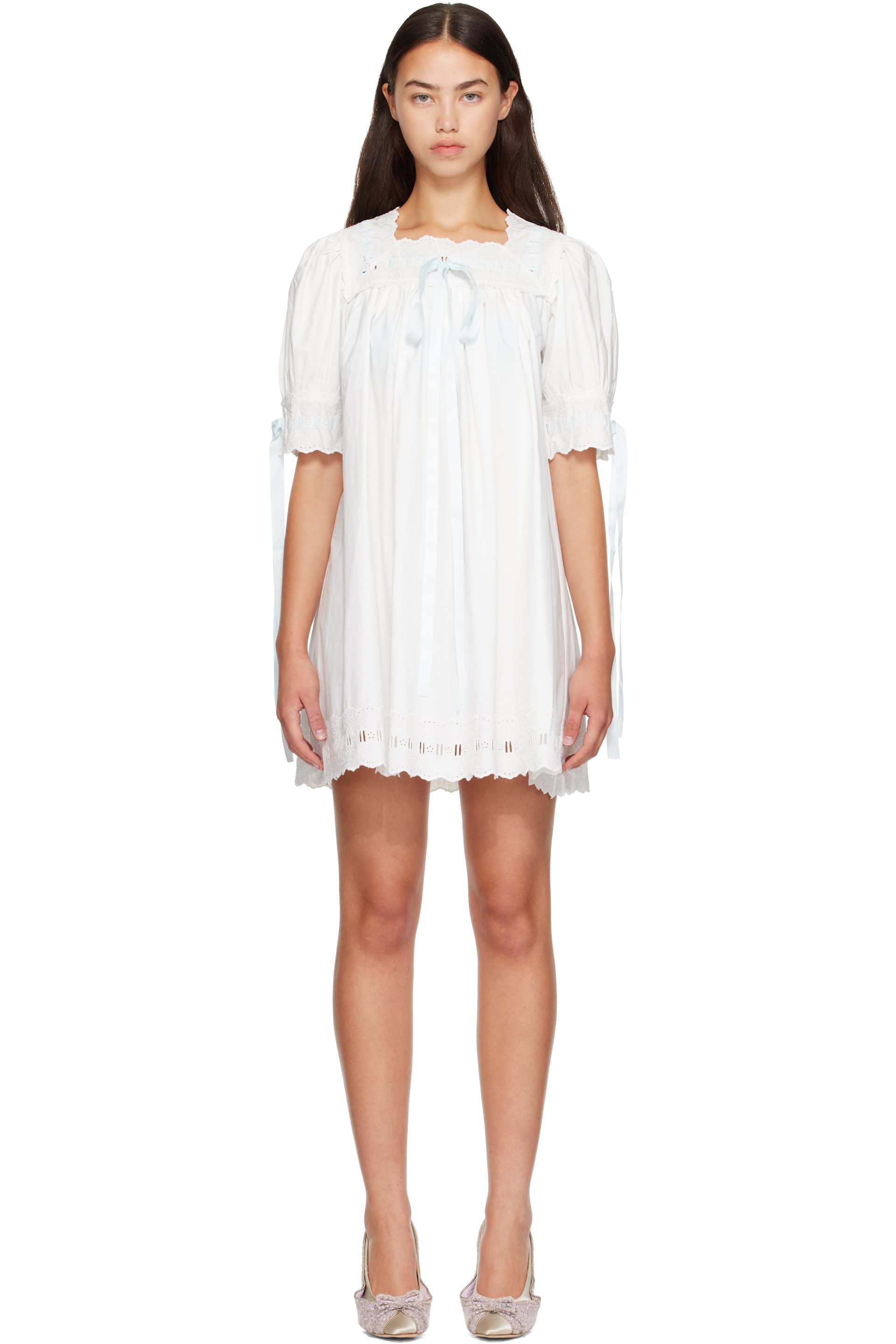 Sandy Liang - White & Blue Daikon Minidress