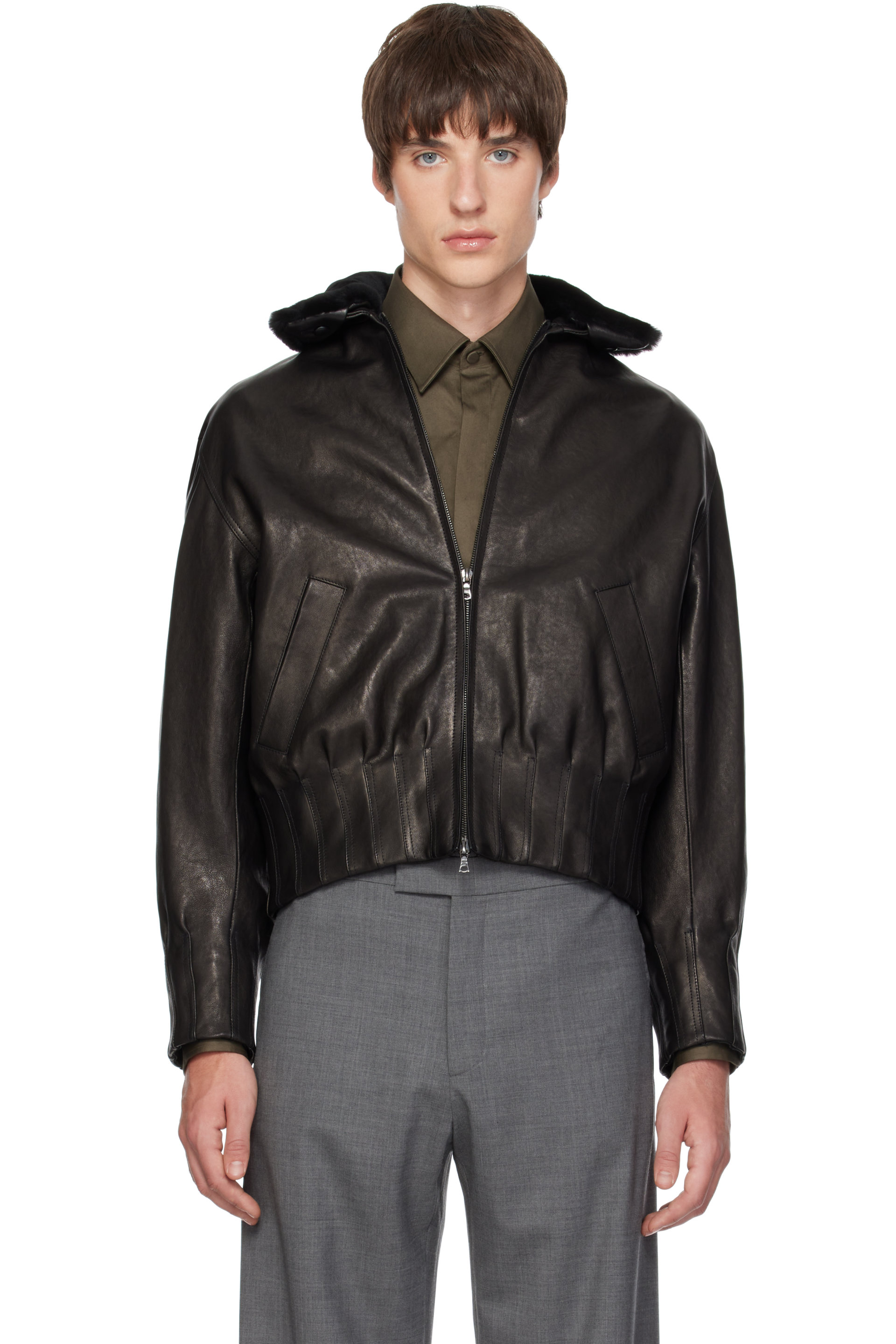 AARON ESH - Blouson aviateur noir en cuir à garniture en peau retournée
