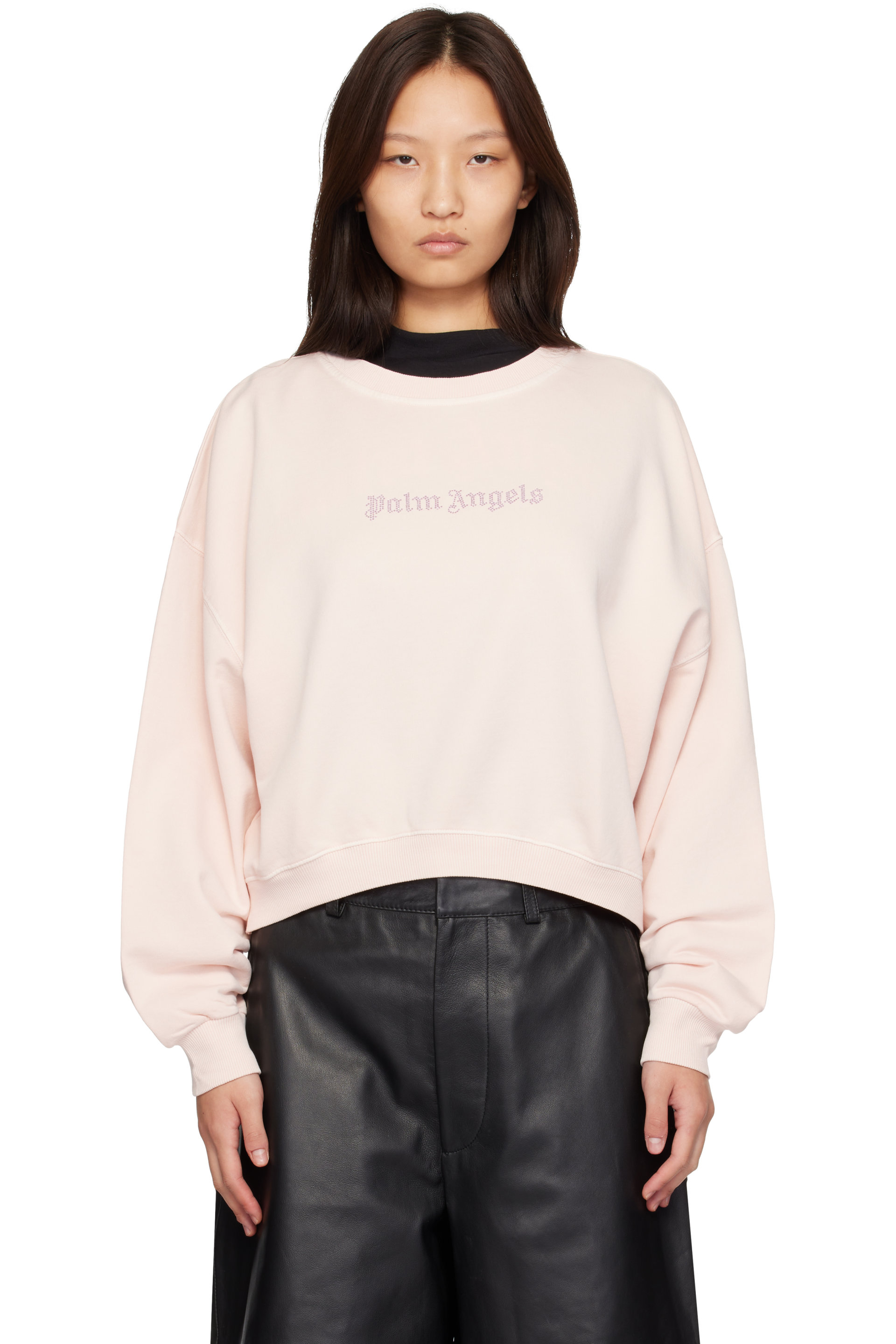 Palm Angels - Pull molletonné rose à logo à pierres du Rhin et et à col ras du cou