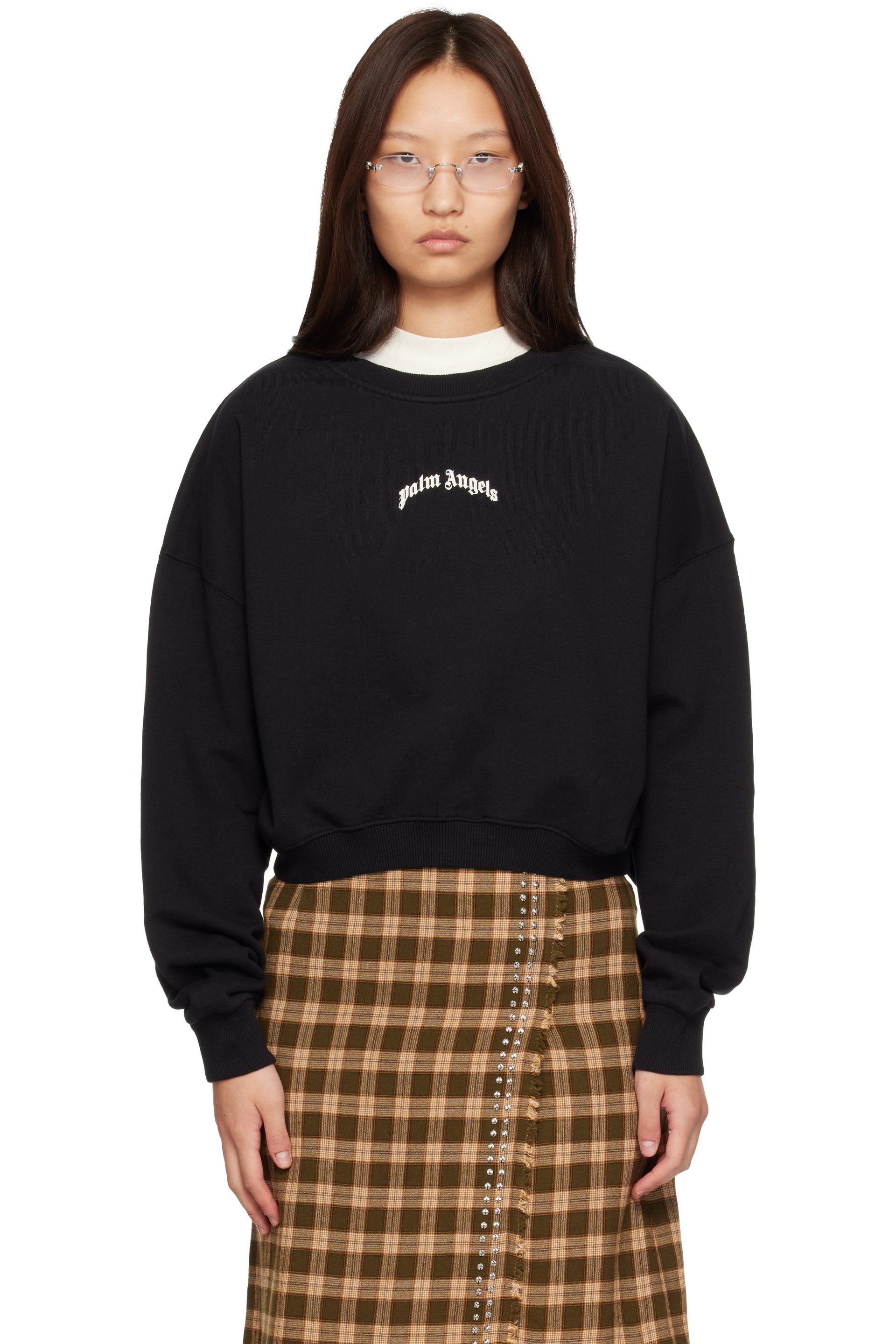 Palm Angels - Pull molletonné décontracté noir à logos incurvés et à col ras du cou