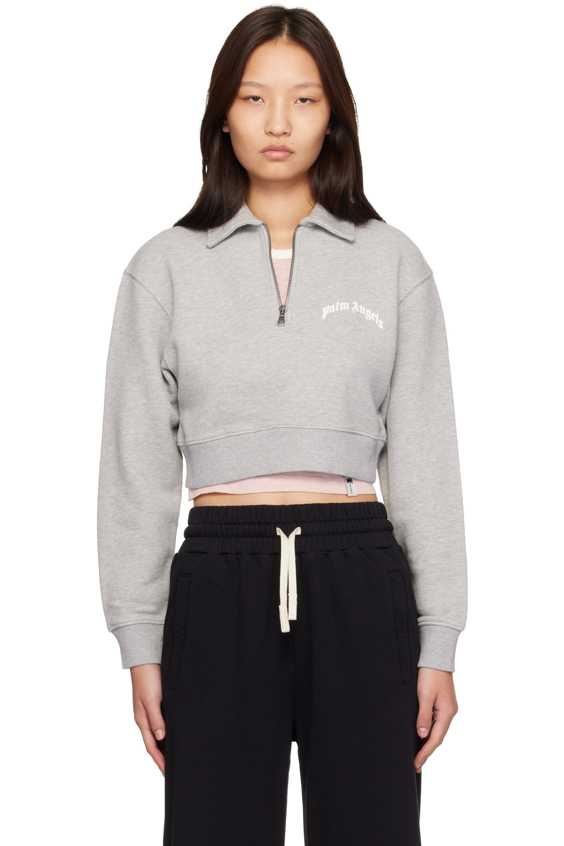 Palm Angels - Gray Curved Logo Crop Crew Long Sleeve Polo