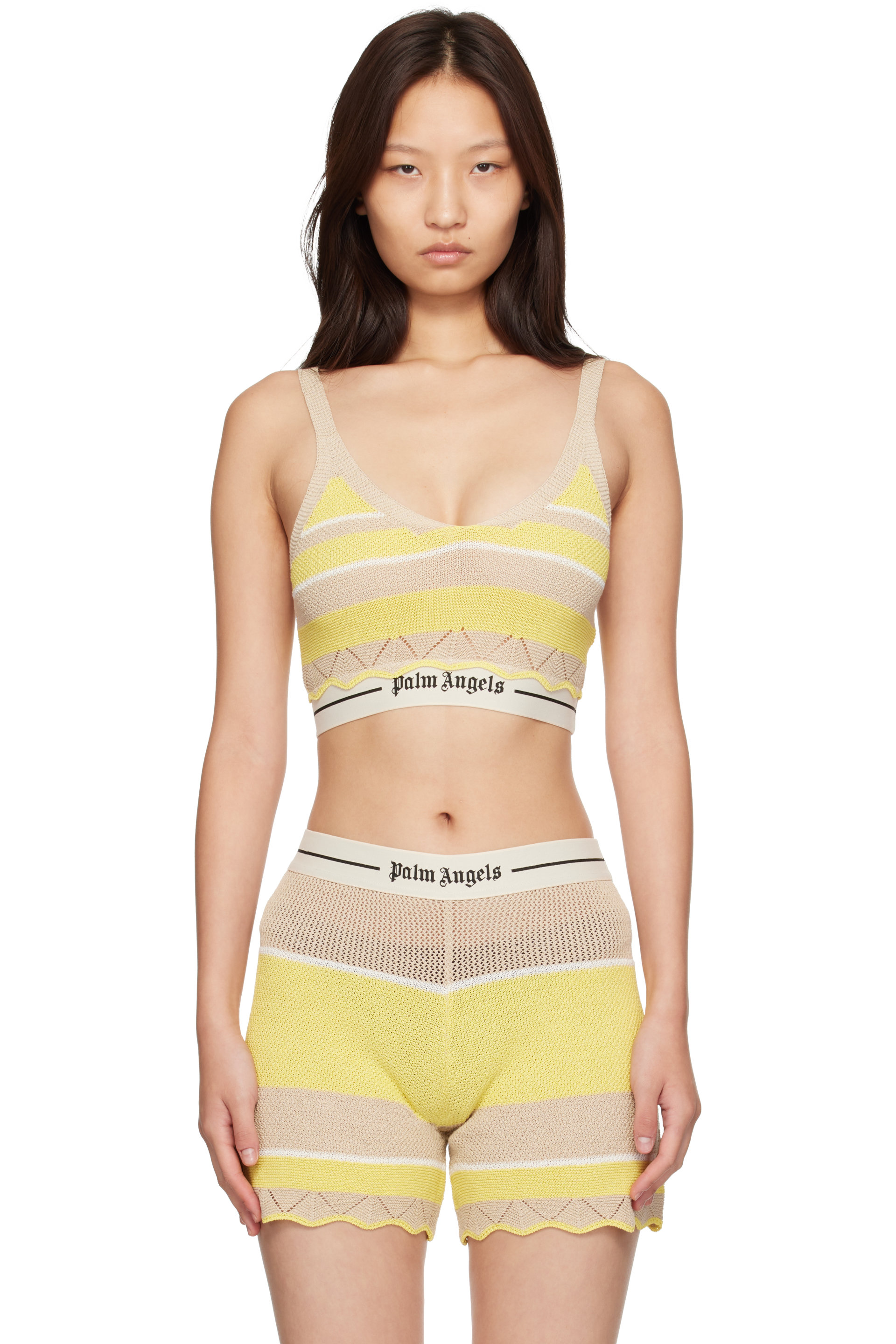 Palm Angels - Beige & Yellow Logo Beach Knit Tank Top
