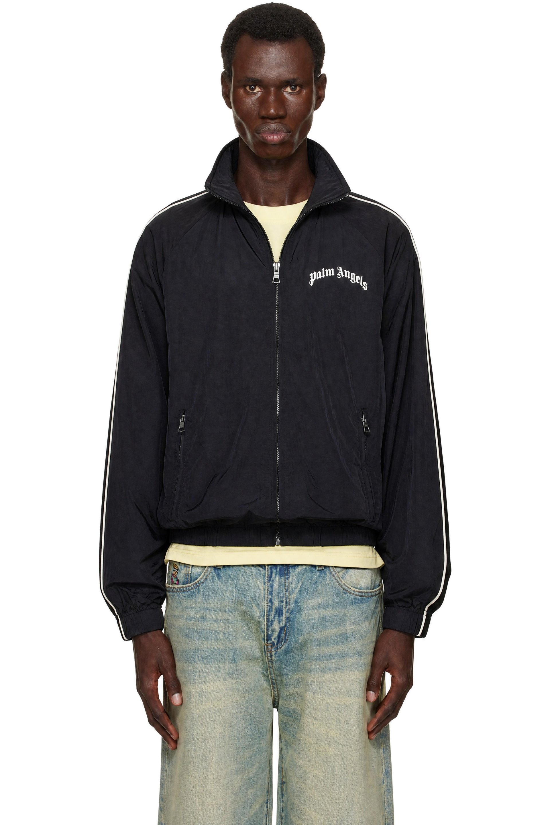 Palm Angels - Blouson de survêtement coupe-vent rétro noir à logo incurvé