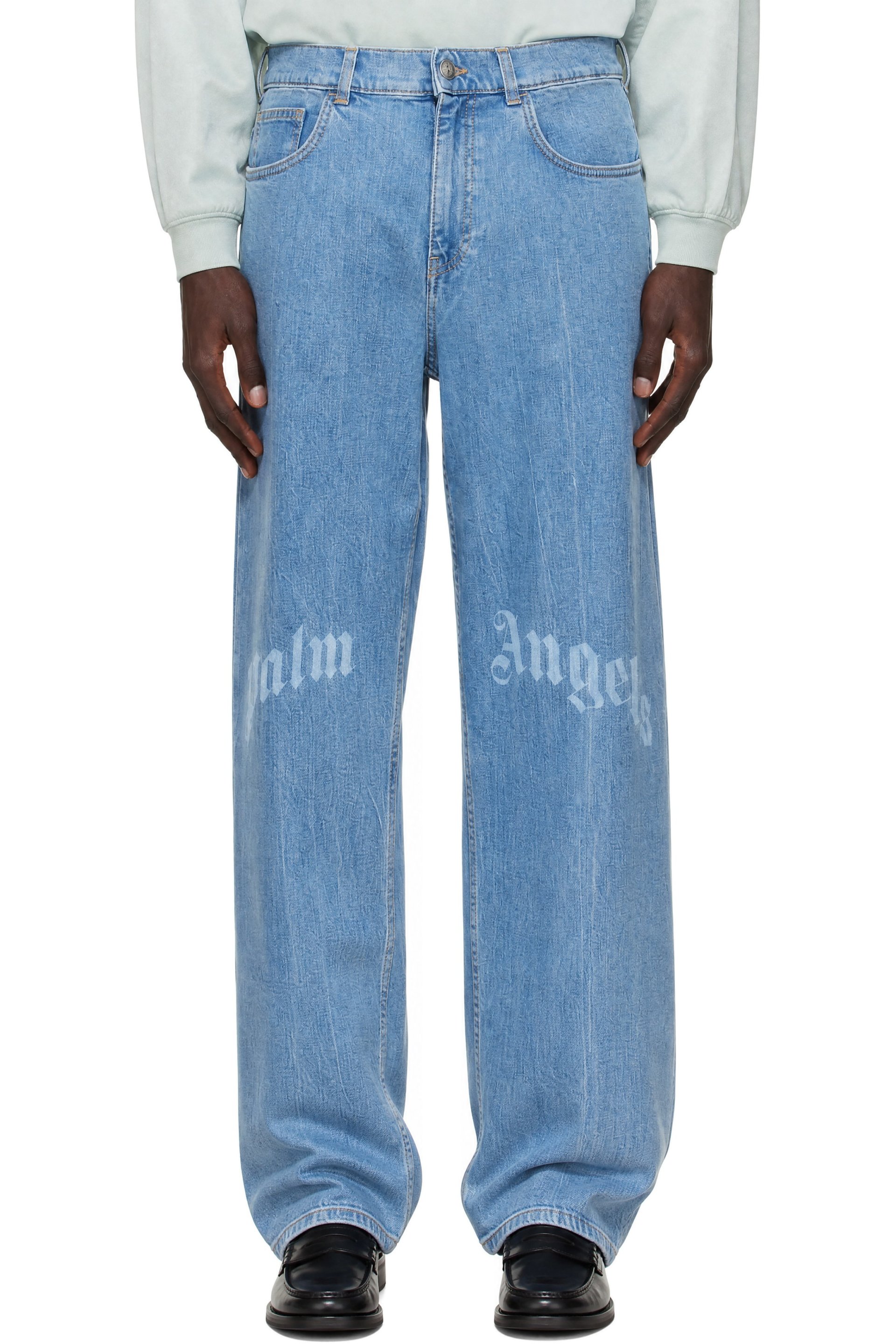 Palm Angels - Blue Splitted Curved Logo 5-Pocket Jeans