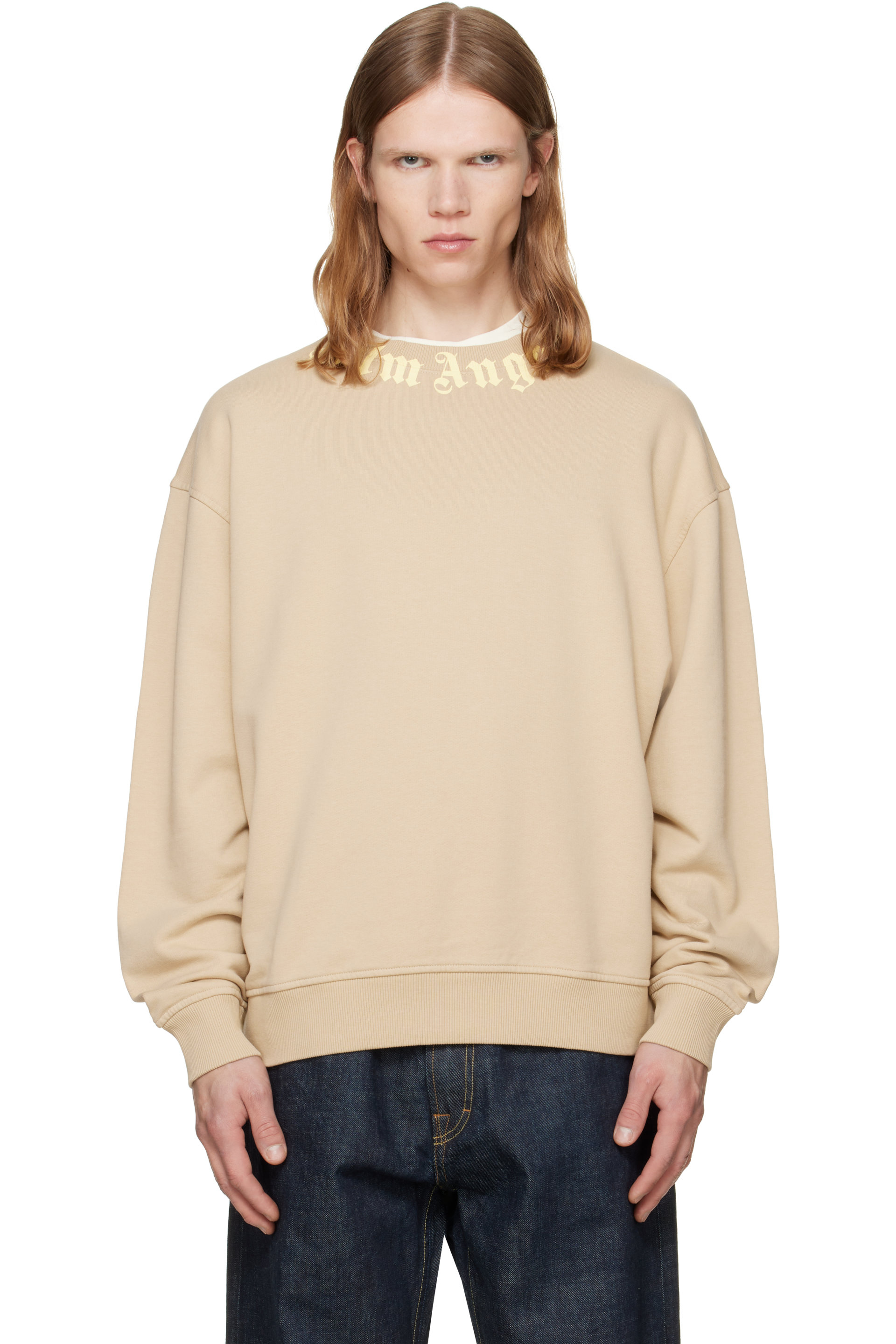 Palm Angels - Beige Neck Logo Regular Crew Sweatshirt