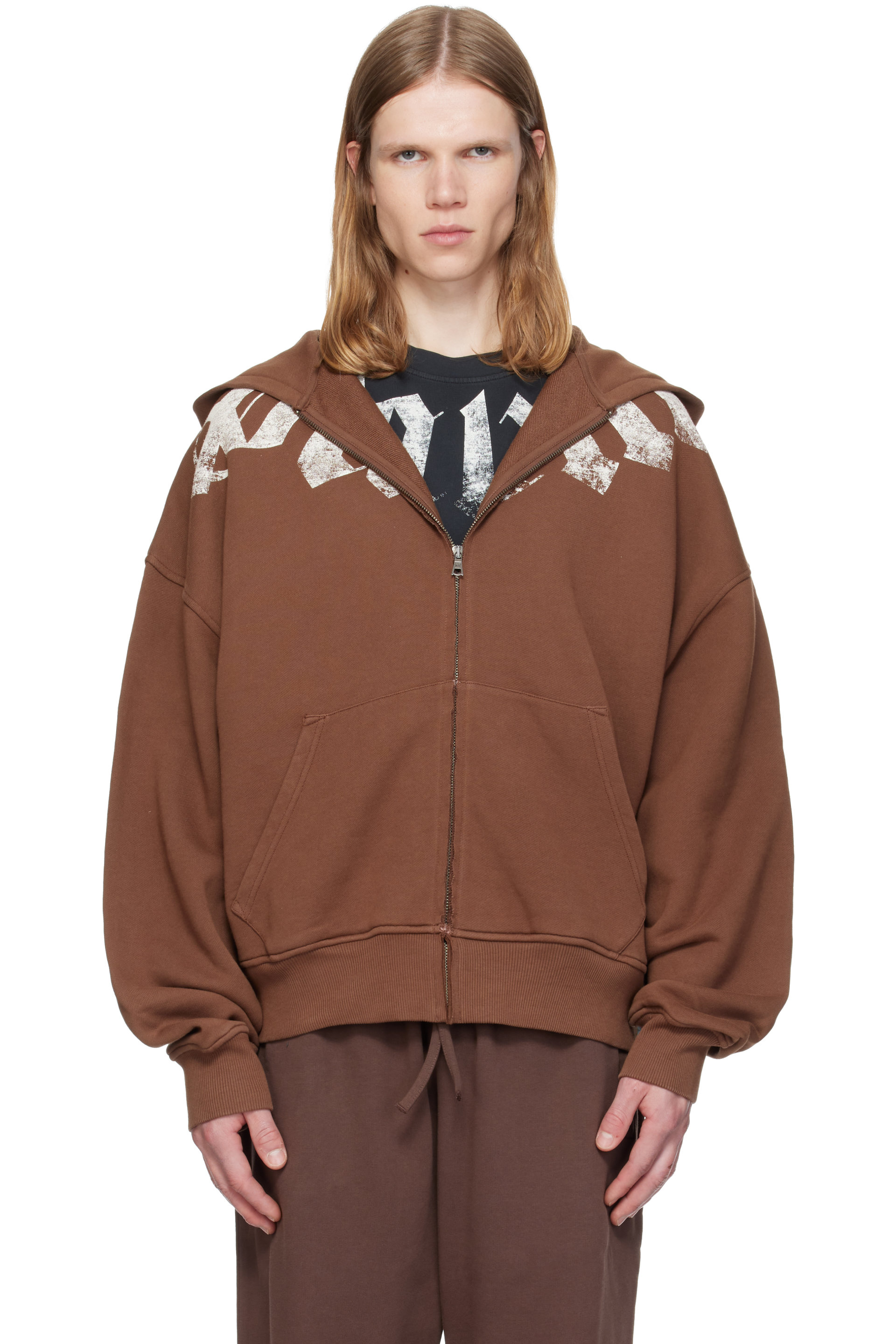 Palm Angels - Brown Big Neck Logo Zip Loose Hoodie